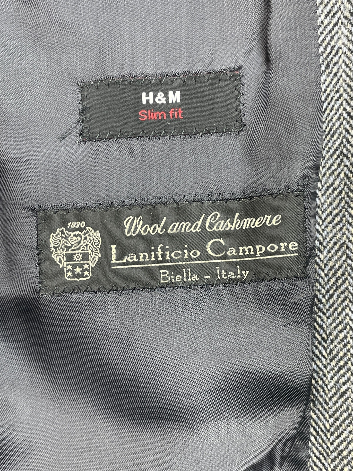 H&M Blazer Mens 42R Gray Herringbone Lanificio Wool Cashmere Blend Slim Fit Line