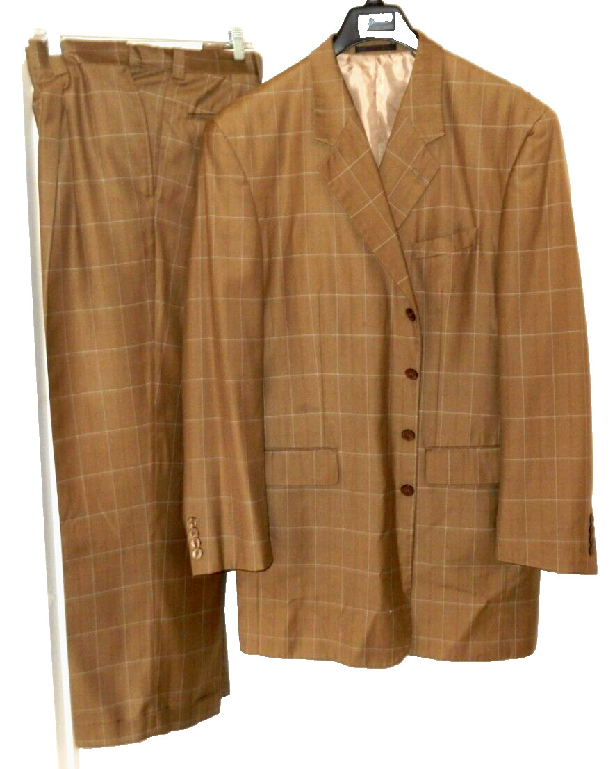 Stacy Adams Super 100’s Luxury Rayon Blend Suit-44L, dark tan windowpane