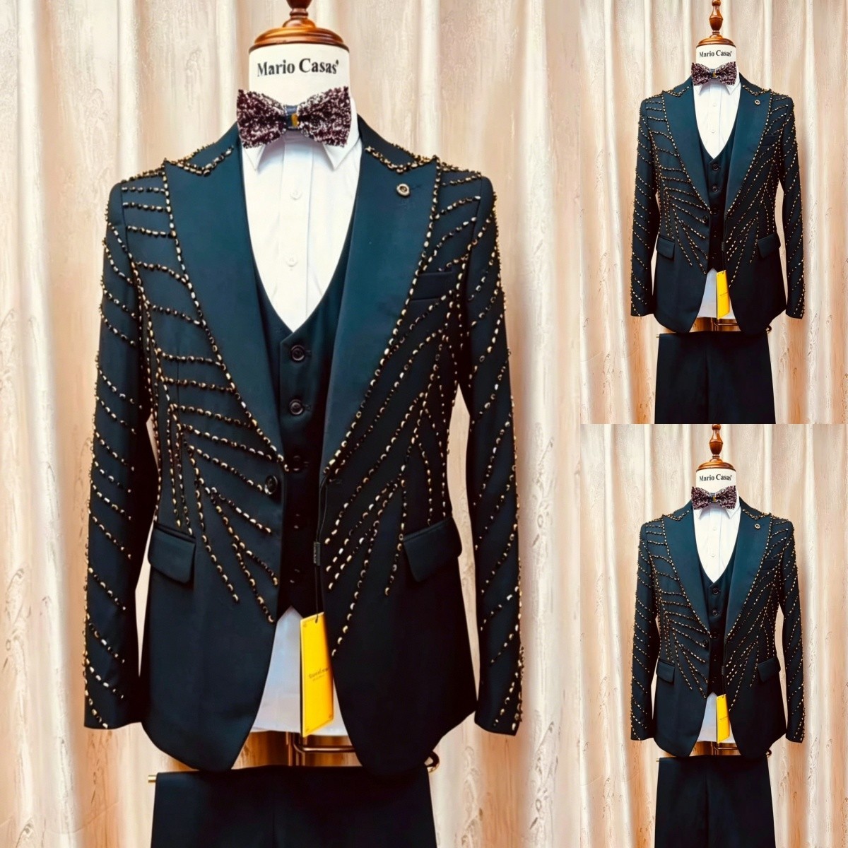 Wide Peak Lapel Jacket Navy Men’s Suits Beading Luxury 3Pcs Evening Coat Blazer