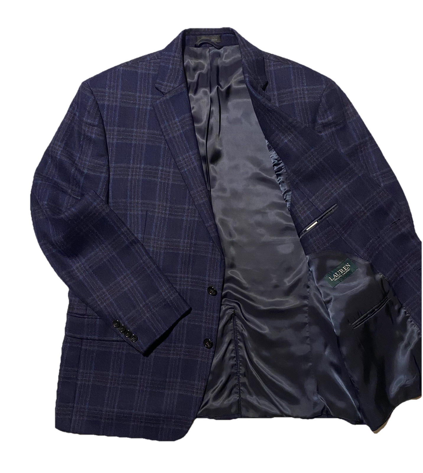 Lauren Ralph Lauren Check Navy Blue Brown Men Sport Coat Jacket 100% Wool Sz 46R