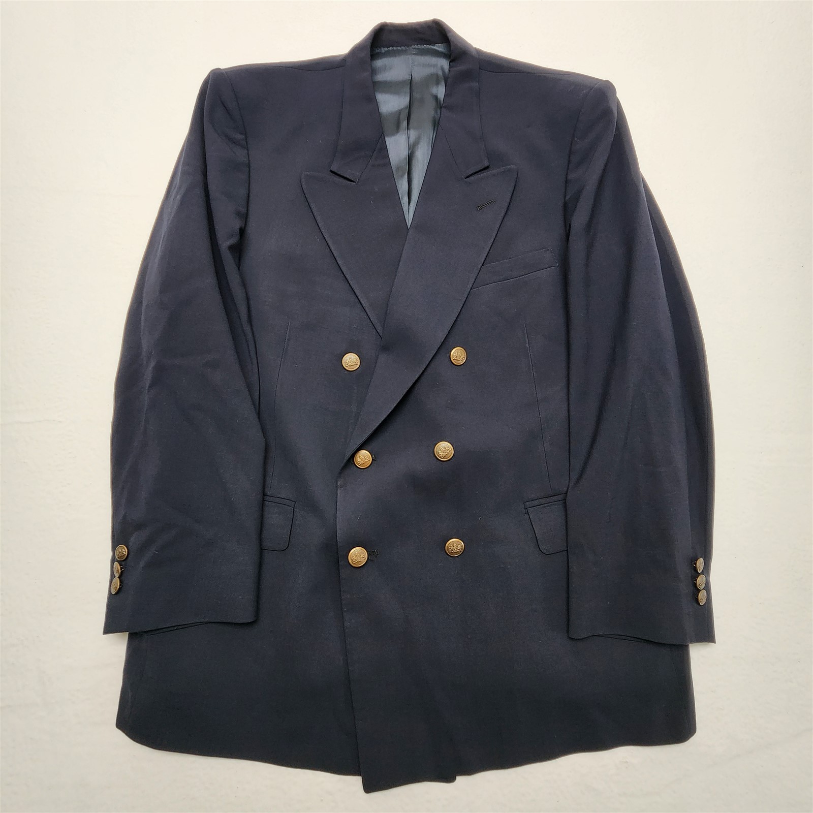 Vtg Stafford 42S Navy Stretch Wool Stamped Button Double Breasted Blazer Jacket