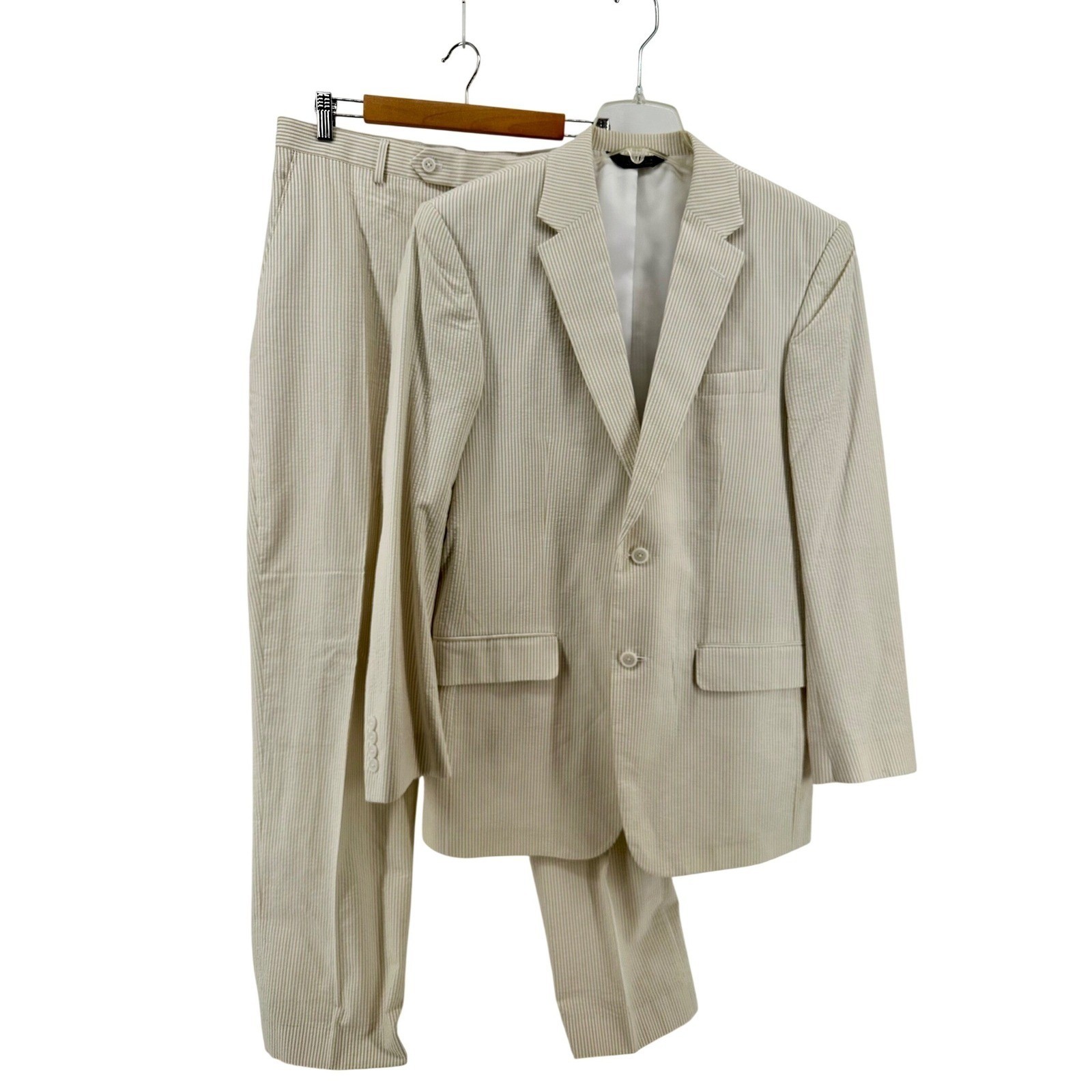 Jos. A. Bank Stays Cool Mens Suit 41L 35W Tan Seersucker Cotton Tailored Fit