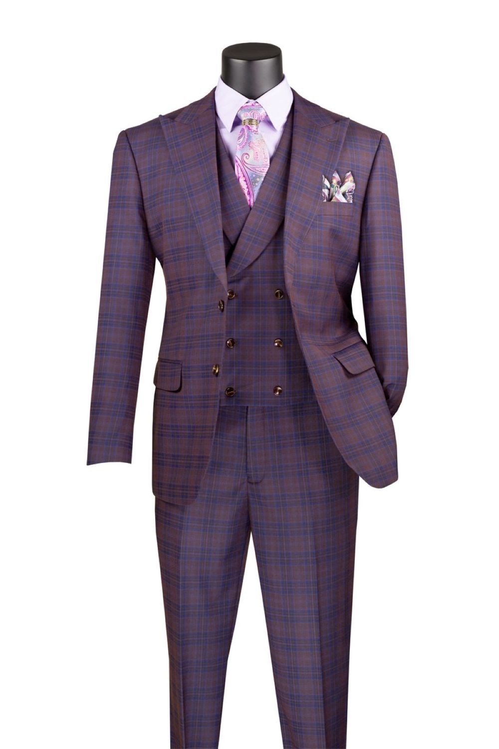 Vinci Men’s Modern Fit Glen Plaid Peak Lapel 3-Piece Suit with Vest Purple