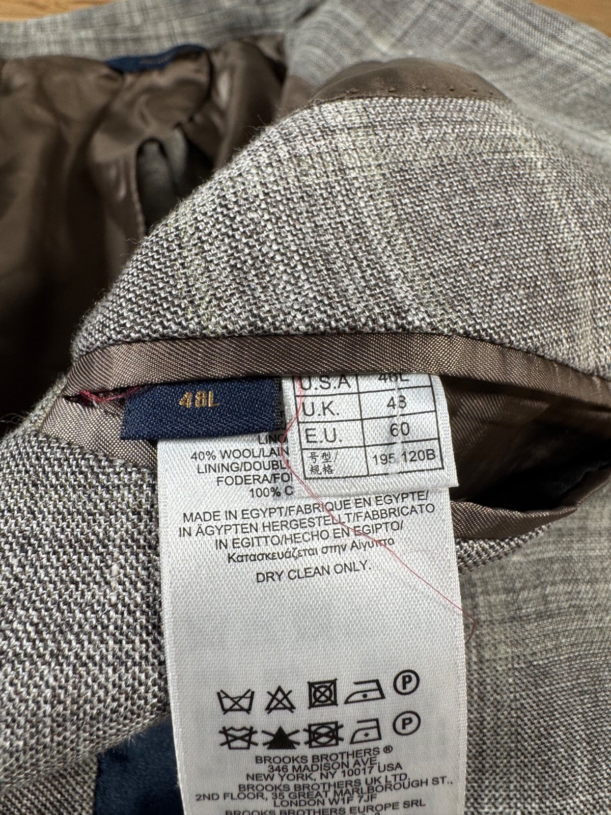 Brooks Brothers Regent Taupe Brown Plaid Linen Wool Dbl Breast Peak Lapel SC 48L