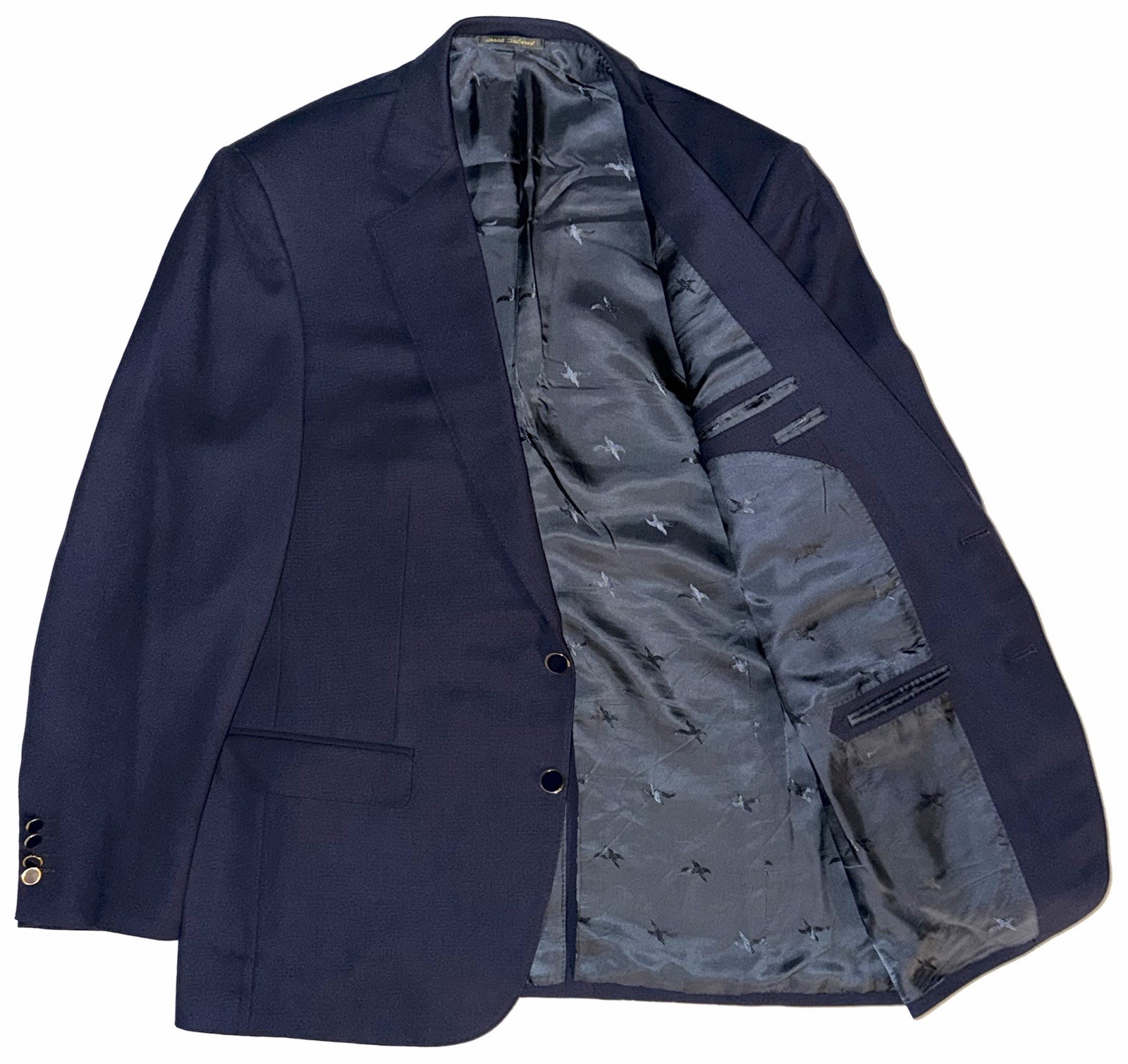 $3500 Solemare Hand-Tailored Navy Italian Hopsack Blazer Gold/Enamel Buttons 42