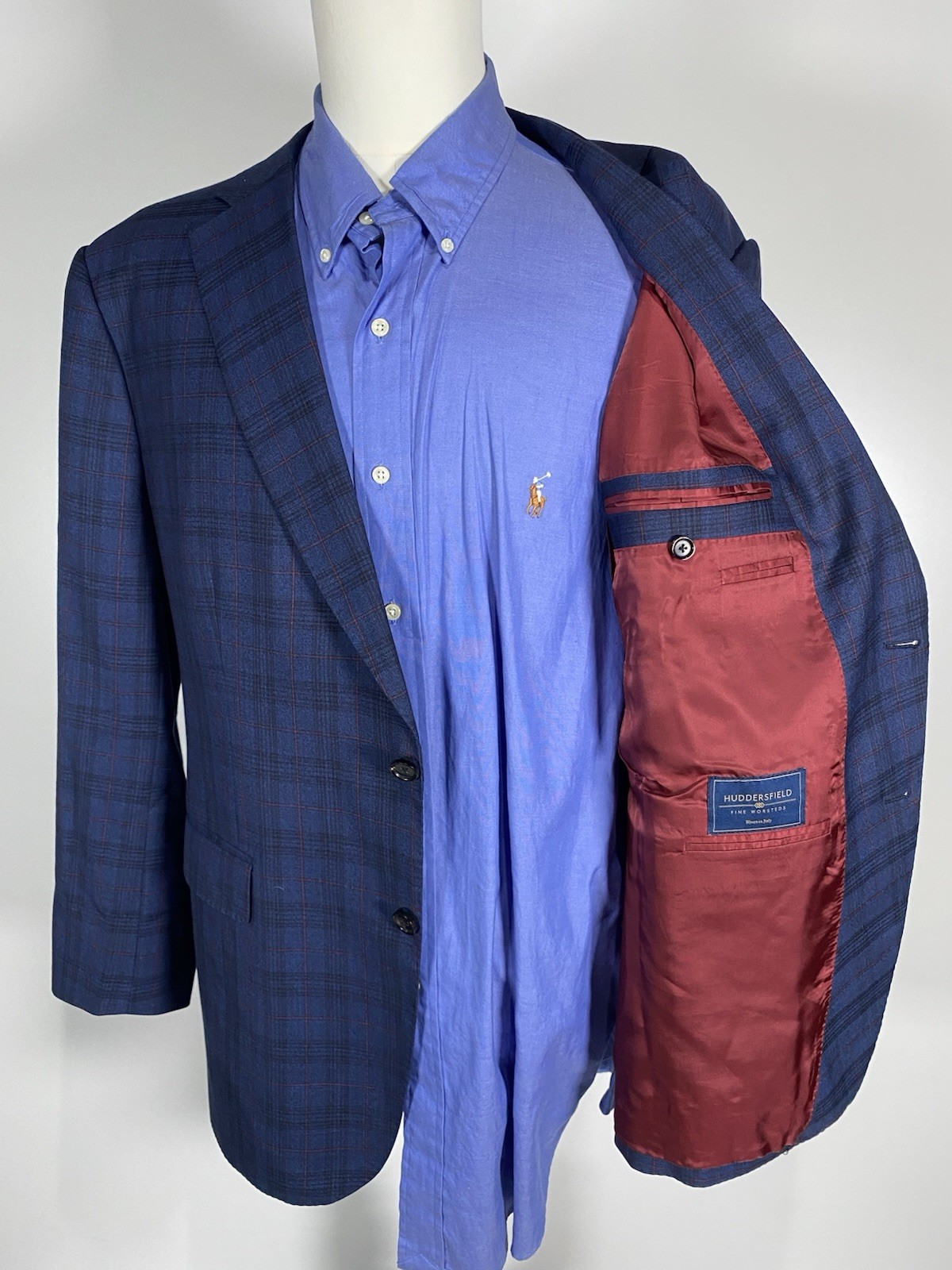 Bespoke Huddersfield 44R Wool Blue Red Glen Plaid Sport Coat Jacket Blazer