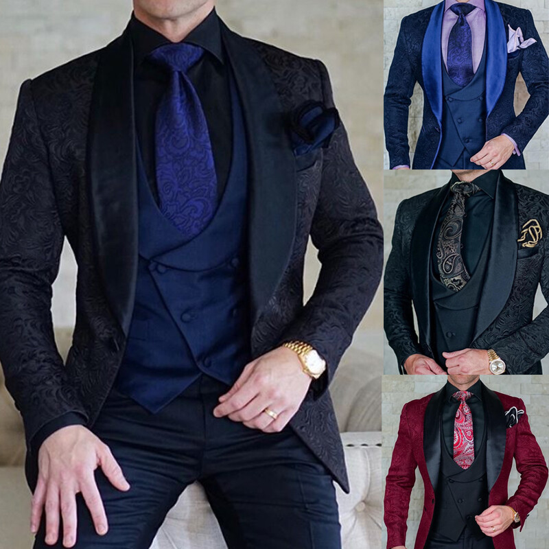 Paisley Wedding Suits Groomsmen Tuxedos Shawl Lapel Jacket 3 Piece Men Coat Pant