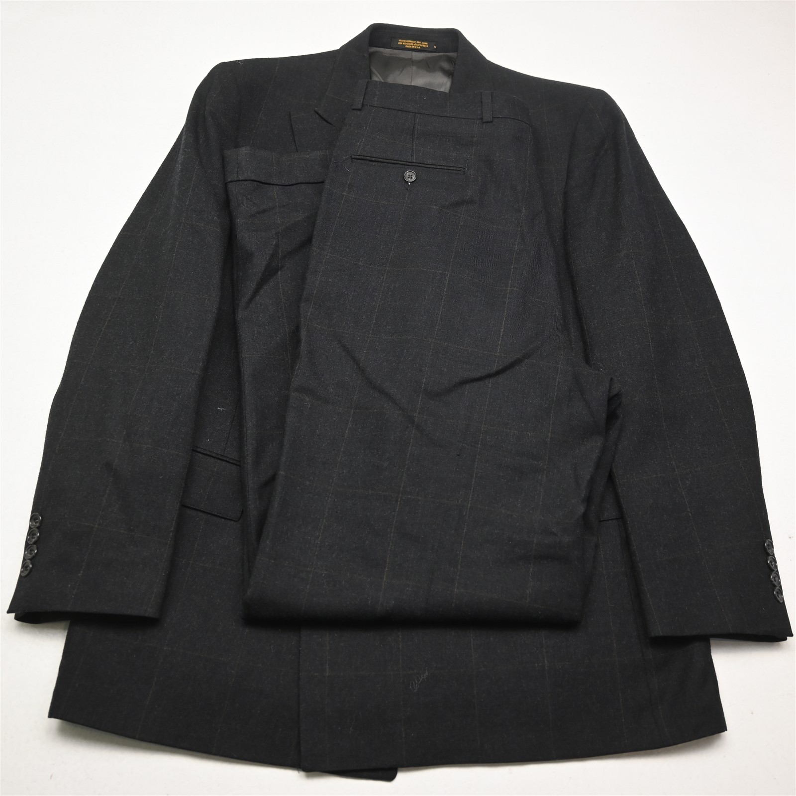 Vtg USA Made Double Breasted 42L 34×34 Gray Windowpane Wool Flannel Mens Suit