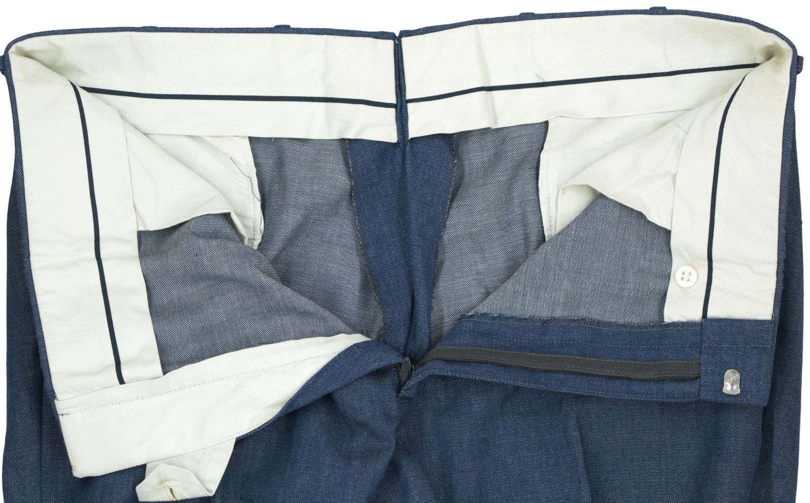 New Vintage Men’s 44 S Barney’s Solid Blue Denim Cotton 3 Piece Flat Front Suit