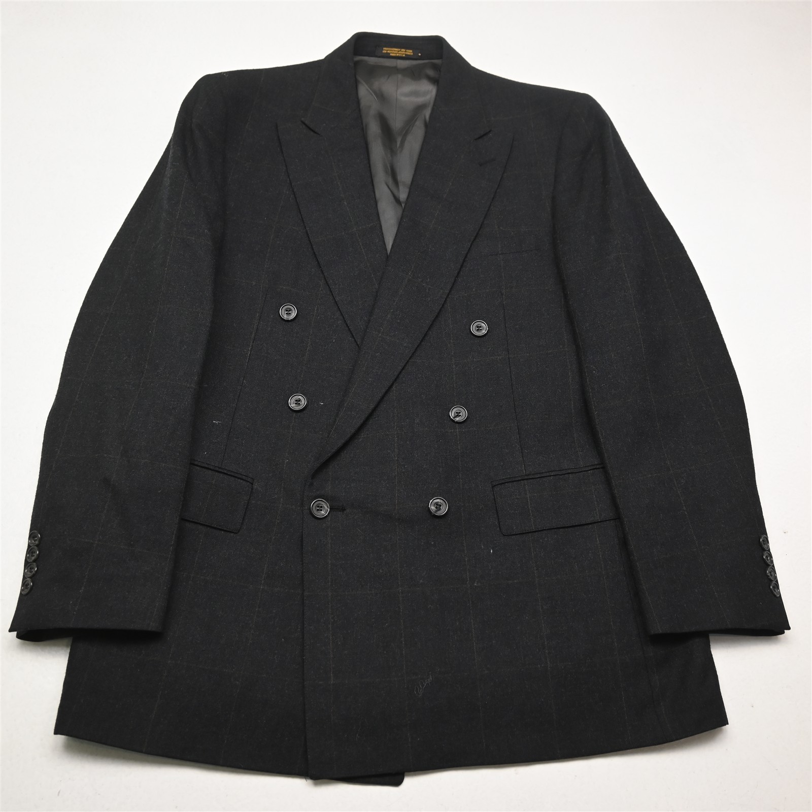 Vtg USA Made Double Breasted 42L 34×34 Gray Windowpane Wool Flannel Mens Suit