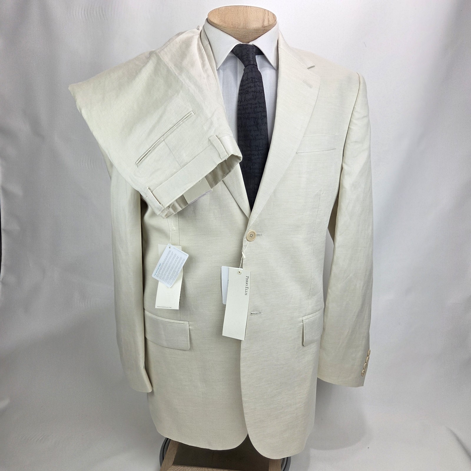 Perry Ellis Mens Suit 42L Ivory Linen Tencel Blend 2 Piece 32×30 NEW