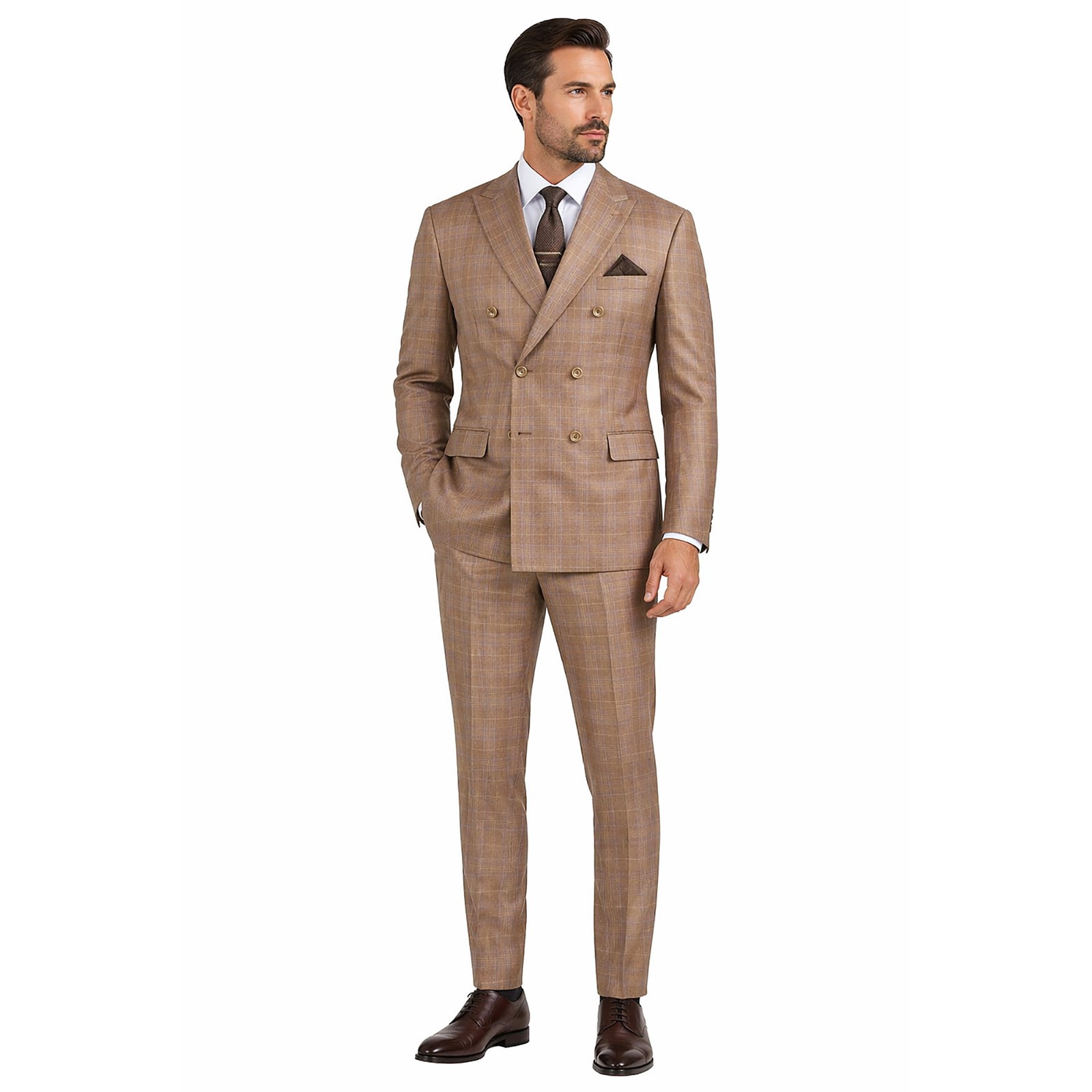 Men’s Double Breasted Glen Plaid Suit 6×2, Regular-Fit, Adjust Waist, Free Socks