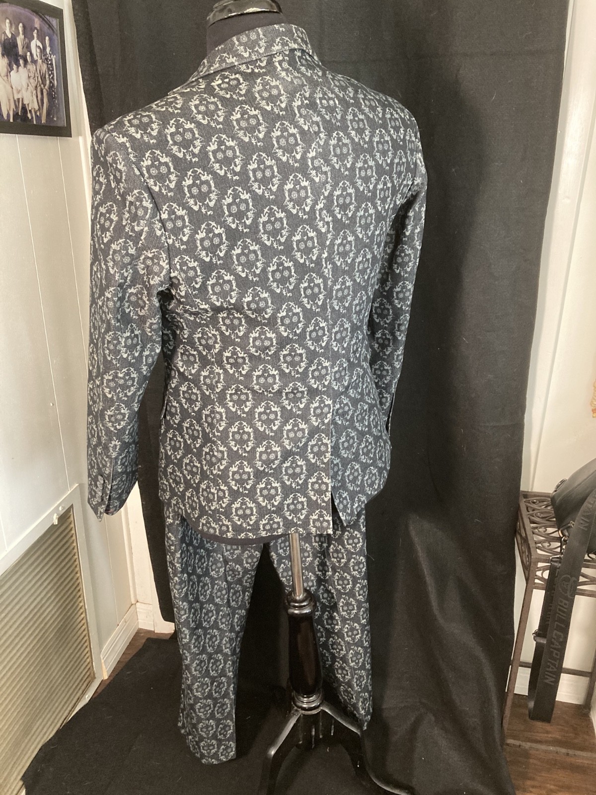 Trendy Dark Gray Denim Brocade Custom Made Suit With Skull Pattern Size 38