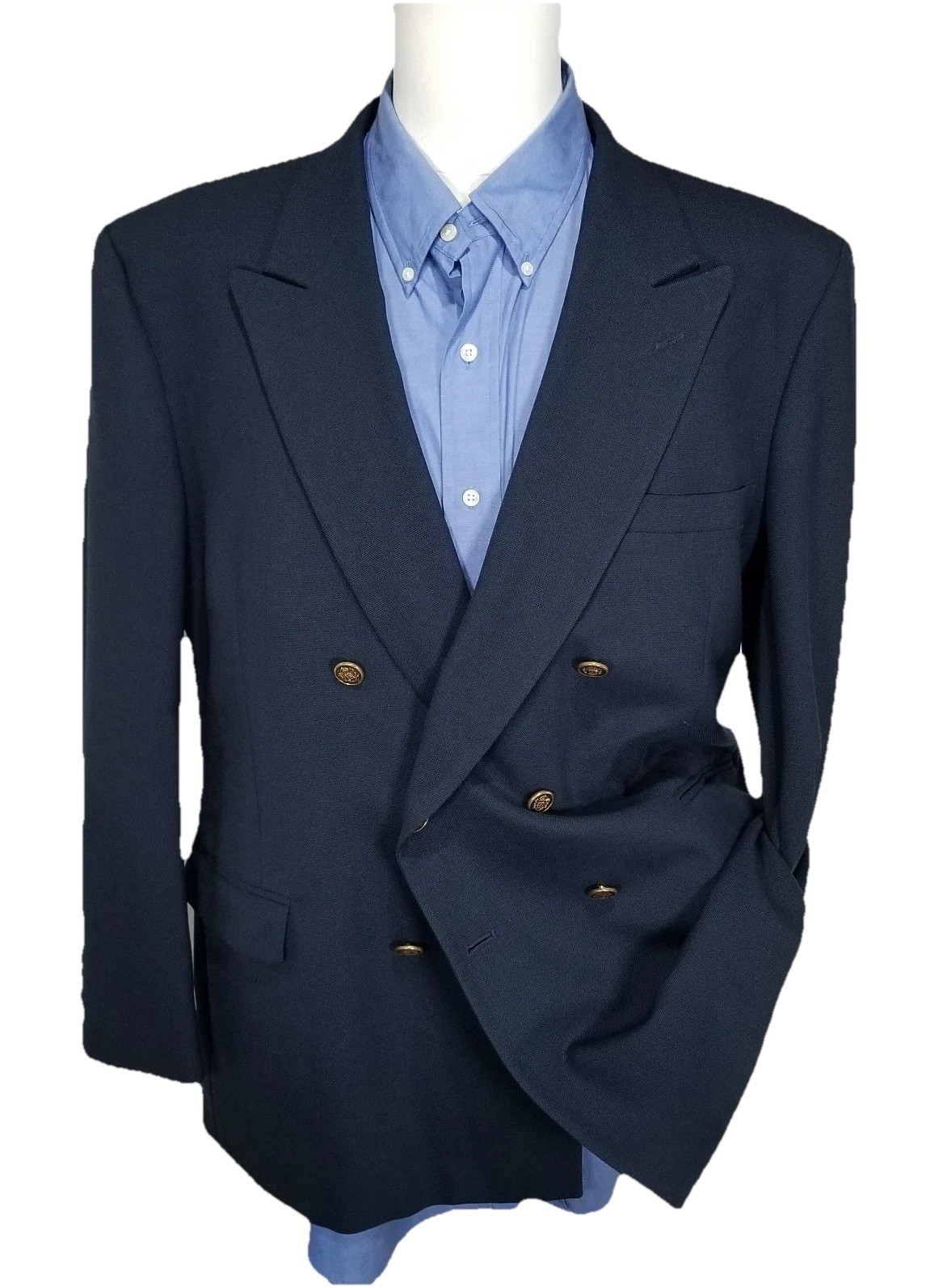 Vintage Navy Blue 46R Double Breast Gold Brass Button Hopsack Blazer Coat Jacket
