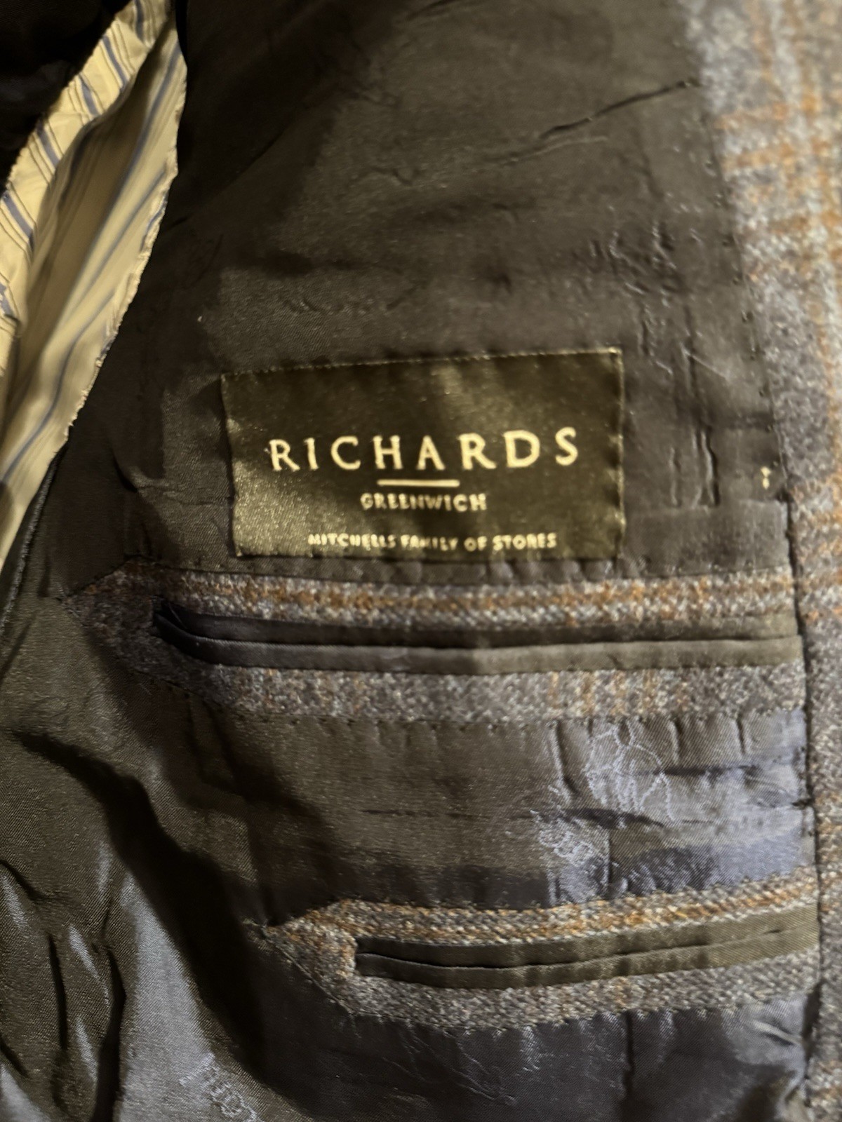 Richards Greenwich Blue/Brown Plaid Tweed Wool/Silk 2-Button Notch Blazer 56
