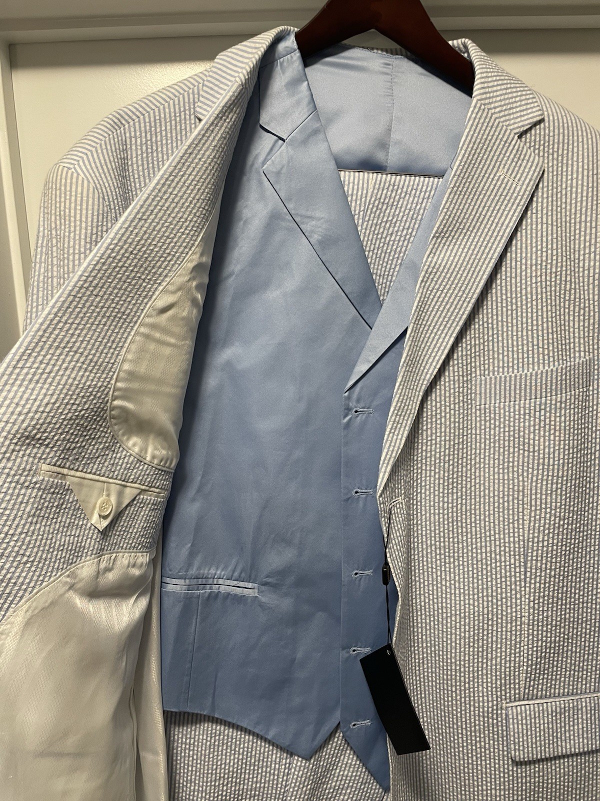 Blue Seersucker 3 Piece Suit 50 L 45 Waist Unhemed NWT Wedding! Southern Charm!