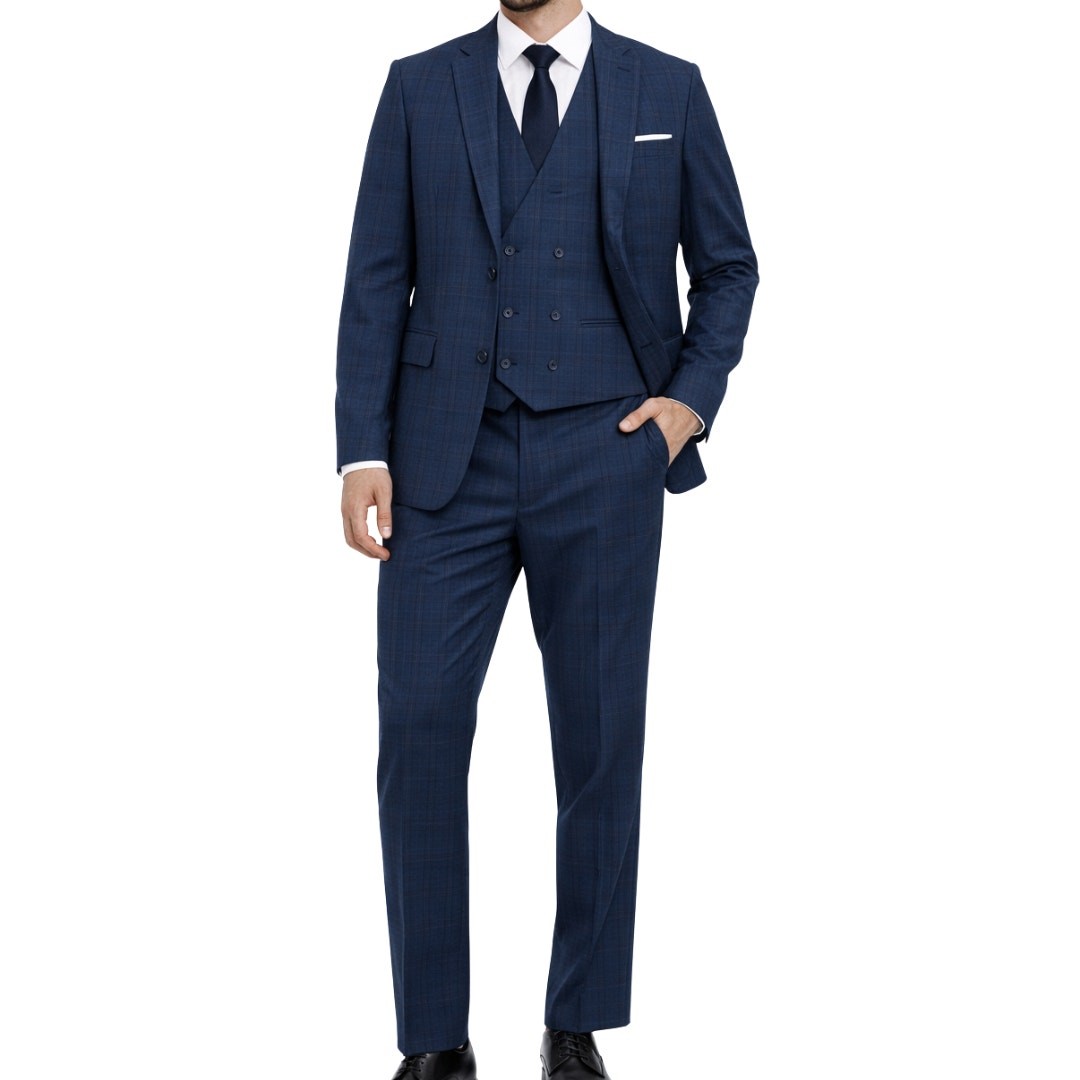 Statement Navy Blue Plaid 3 Piece Suit Blazer Pants Vest Size 40R 34R NEW Tags