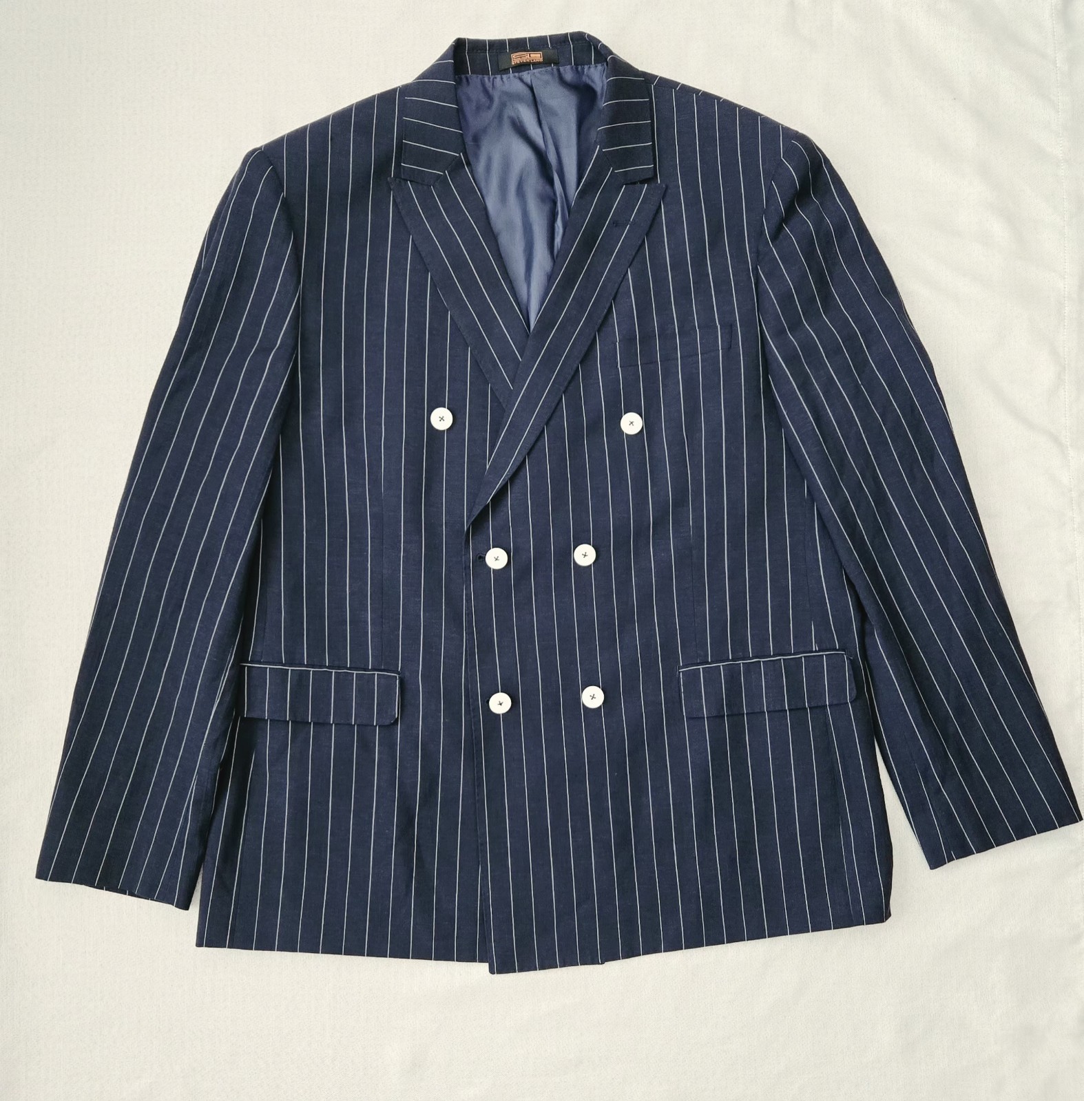 Steven Land Super 150s Men’s 50L Double Breasted Navy Pinstripe Blazer Jacket