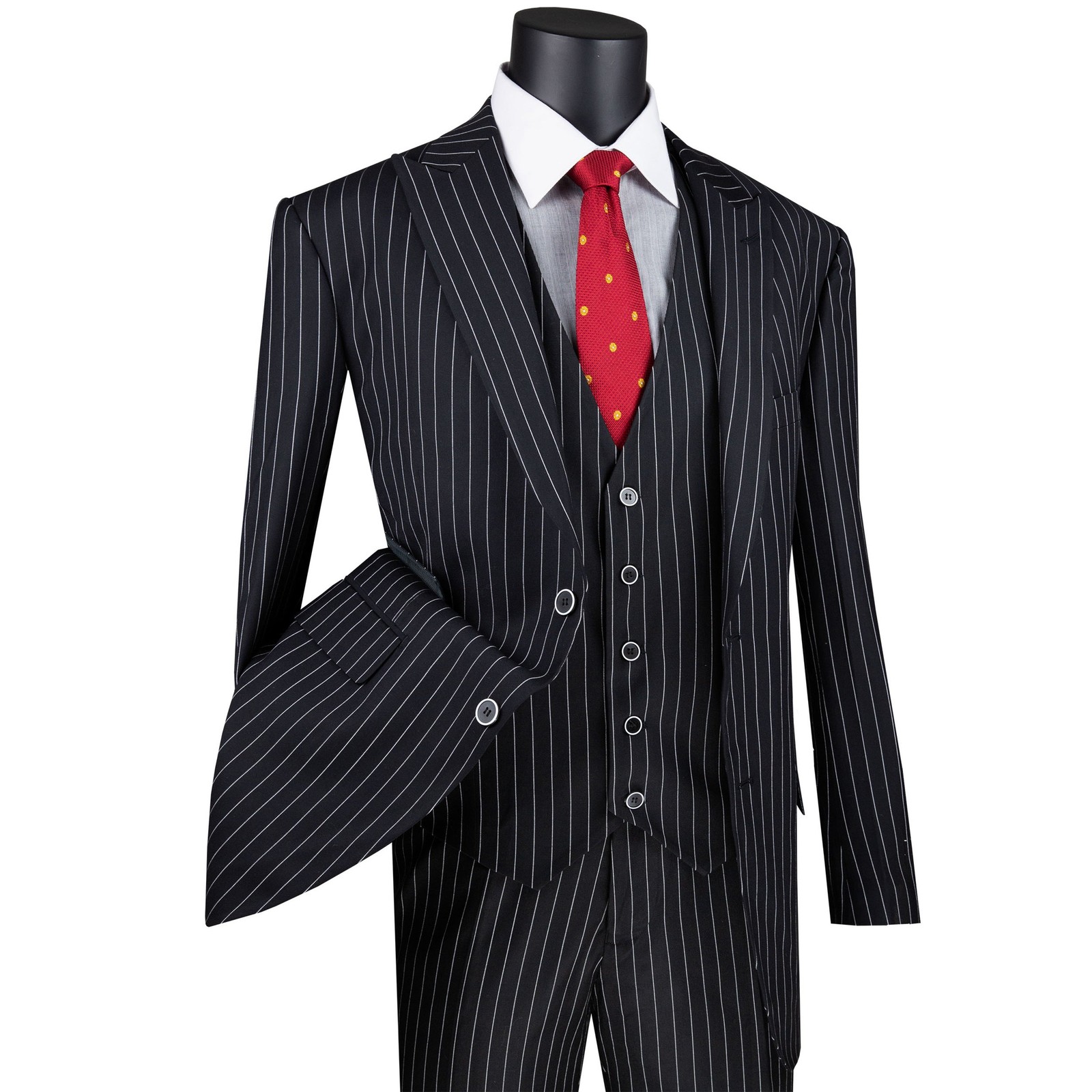 VINCI Men’s Black Striped 3 Piece Regular Fit Suit w/ Flex Waist – NEW