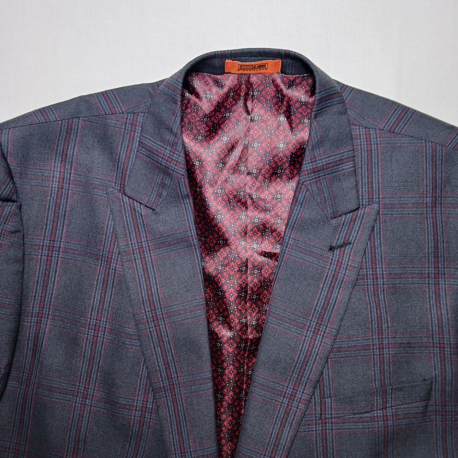 Steven Land Pacino Mens Plaid Poly Rayon Suit Jacket 50R Multicolor Peak Lapel