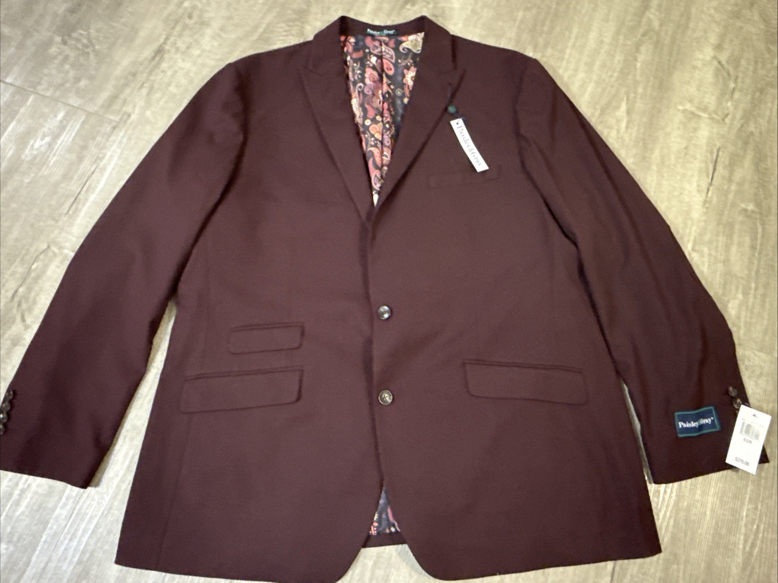 NWT Paisley & Gray «Winter Wine» 2 pc Suit 52R 44 x 32 Slim Fit Modern Burgundy