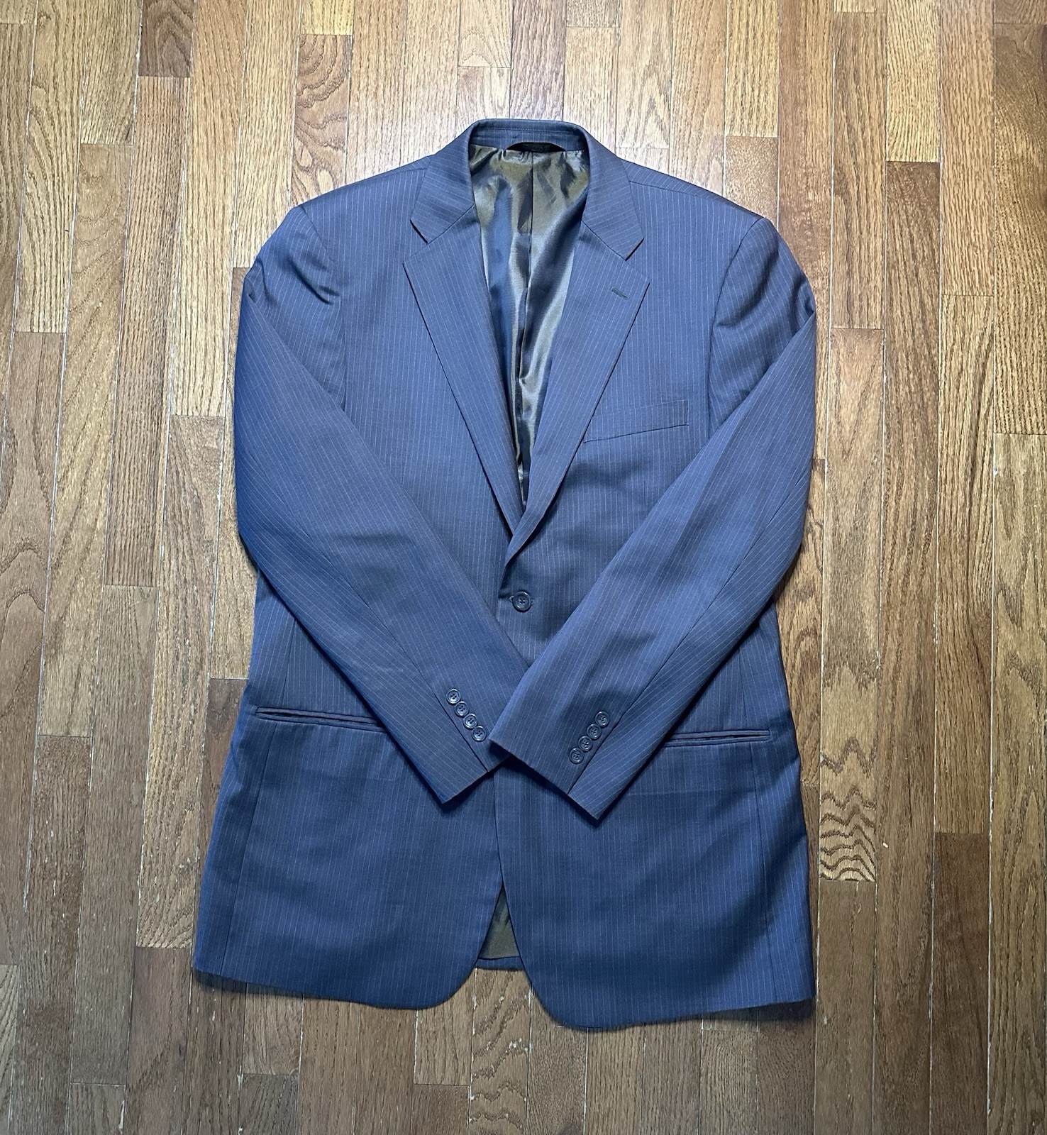 Montefino Uomo Super 120s Cloth Mens Blazer 42L Merino Wool Brown Pinstripe