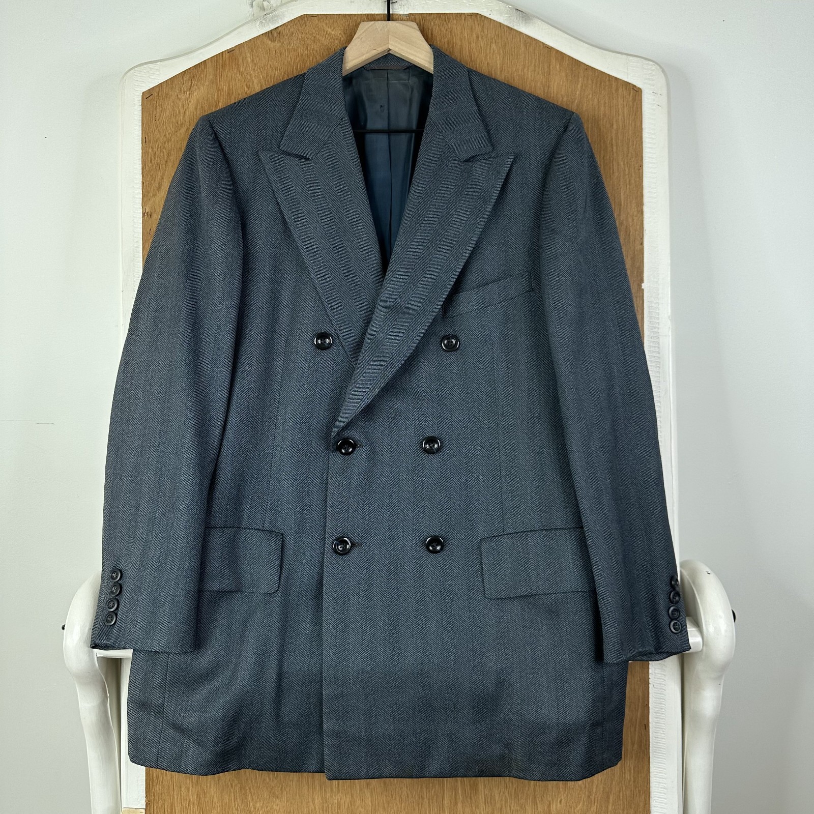 VTG Double Breasted Suit Mens 40R Striped Wool Pants 34×28 Canvased Flat 1970s