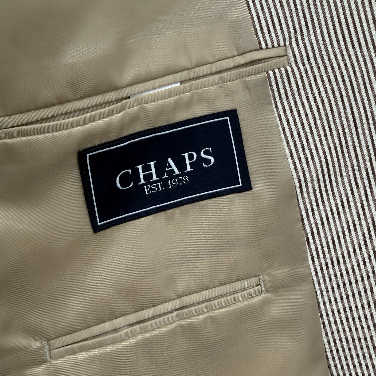 Chaps Men’s Seersucker Blazer 46L Brown Stripe Cotton Summer Sport Coat Preppy
