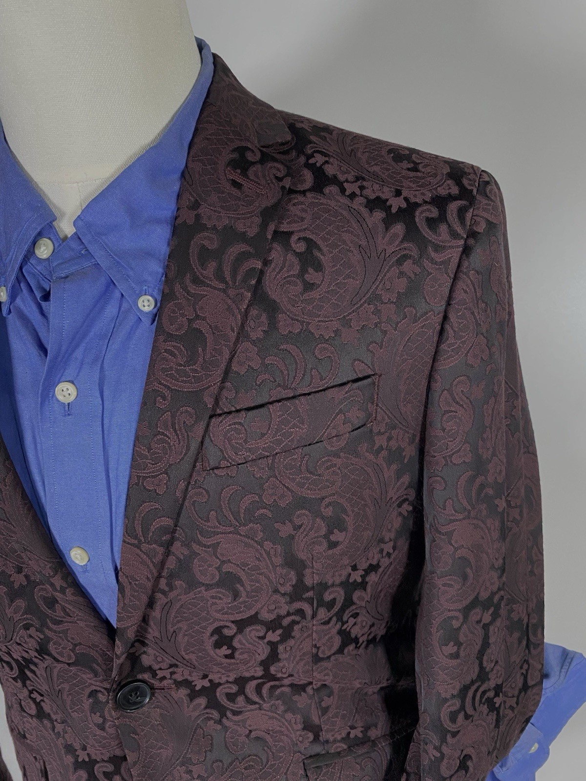Burgundy Merlot 36S Satin Jacquard Paisley Filigree Blazer Sport Coat Jacket