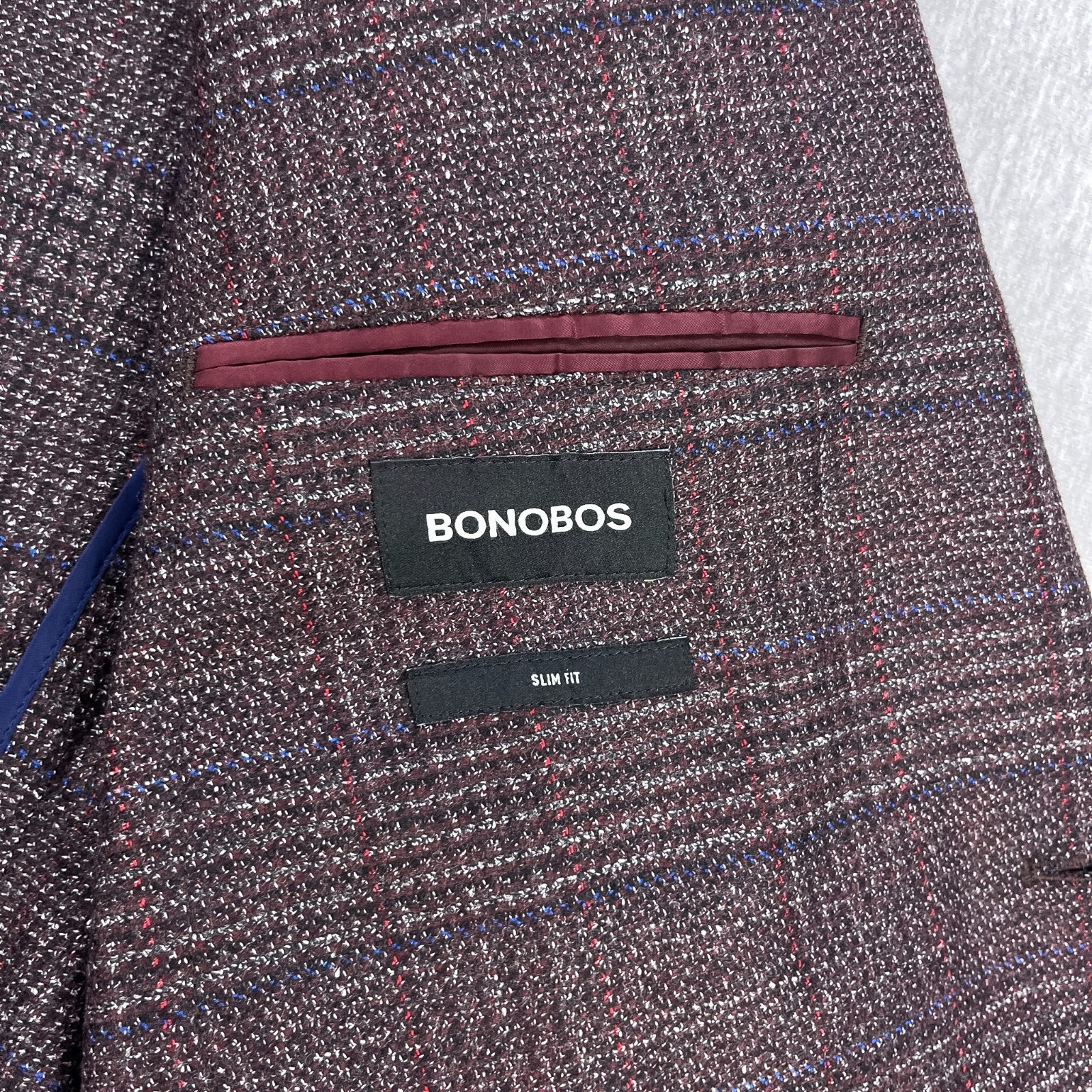 Bonobos Lanifico Sportex Blazer Jacket Mens 40R Slim Plaid Plum Wool Cashmere