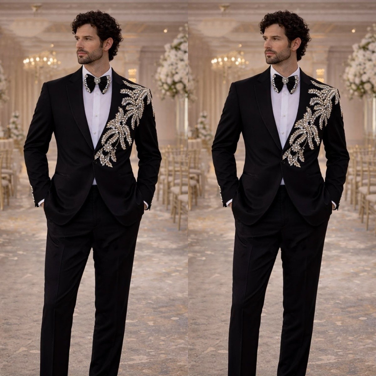 Prom Evening Party Men’s Suits Black Beading Sparkly Luxury Jacket Peak Lapel