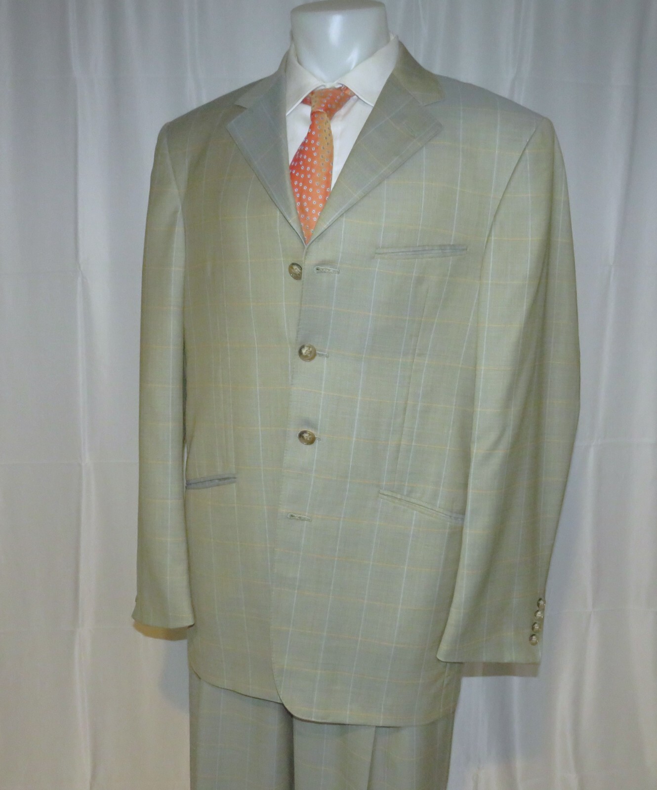 Raphael Wardrobe Design Pale Green Plaid Bespoke Four Button Zoot Suit 44XL