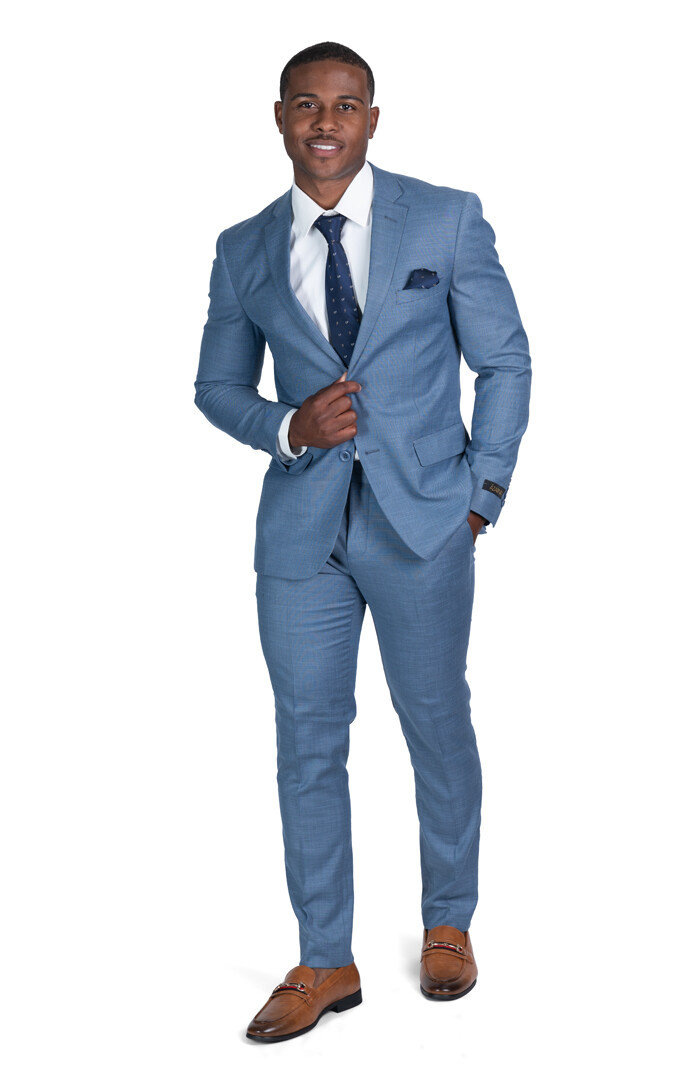 Slim Fit 2 Button Men Solid Slate Blue Suit Notch Lapel Flat Front AZAR 10036