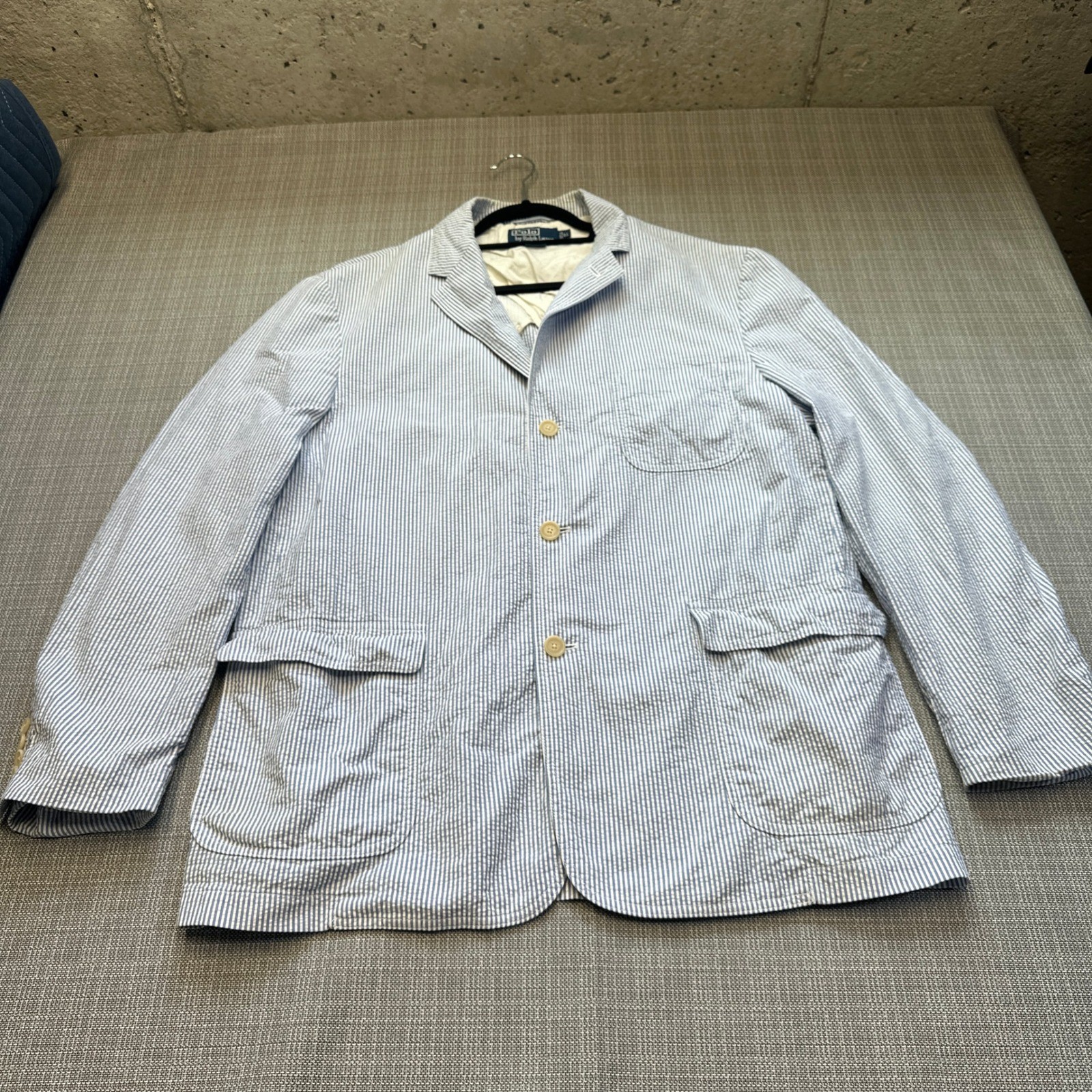 Vintage Polo Ralph Lauren Blazer Men XL Blue White Seersucker Striped Sport Coat