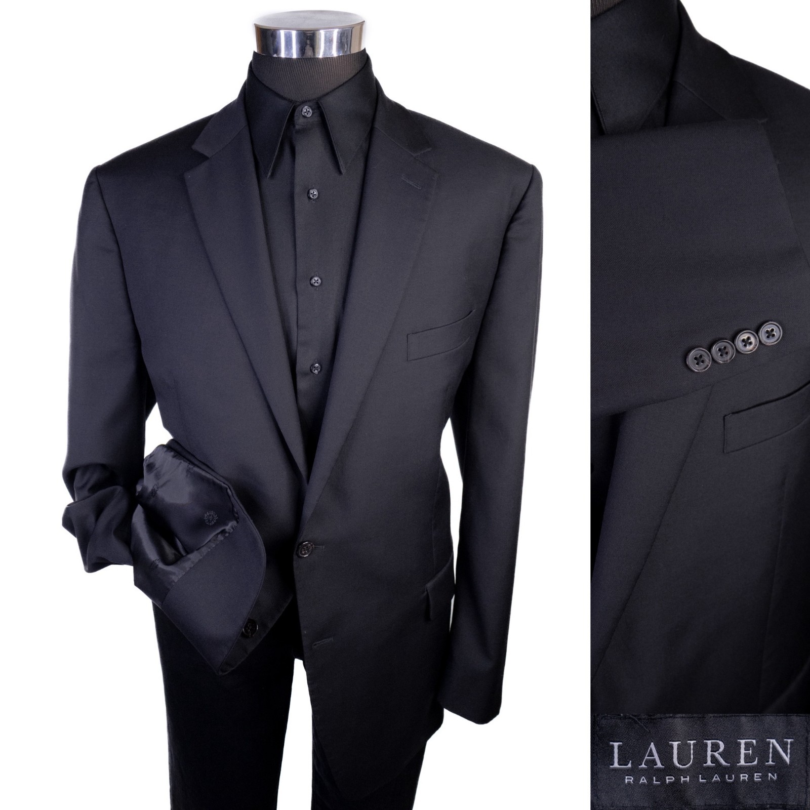 Ralph Lauren Solid Black Suit Jacket Sport Coat Blazer Two Button Sz 46L Wool