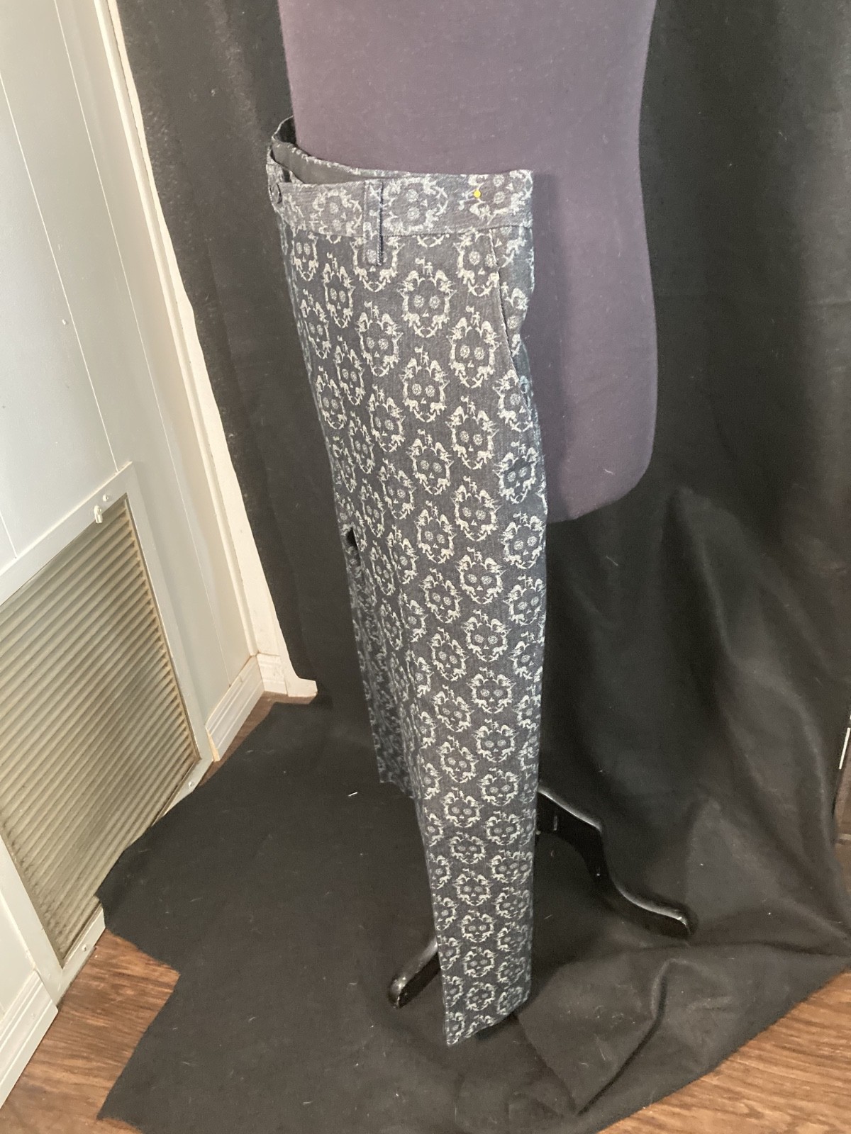 Trendy Dark Gray Denim Brocade Custom Made Suit With Skull Pattern Size 38