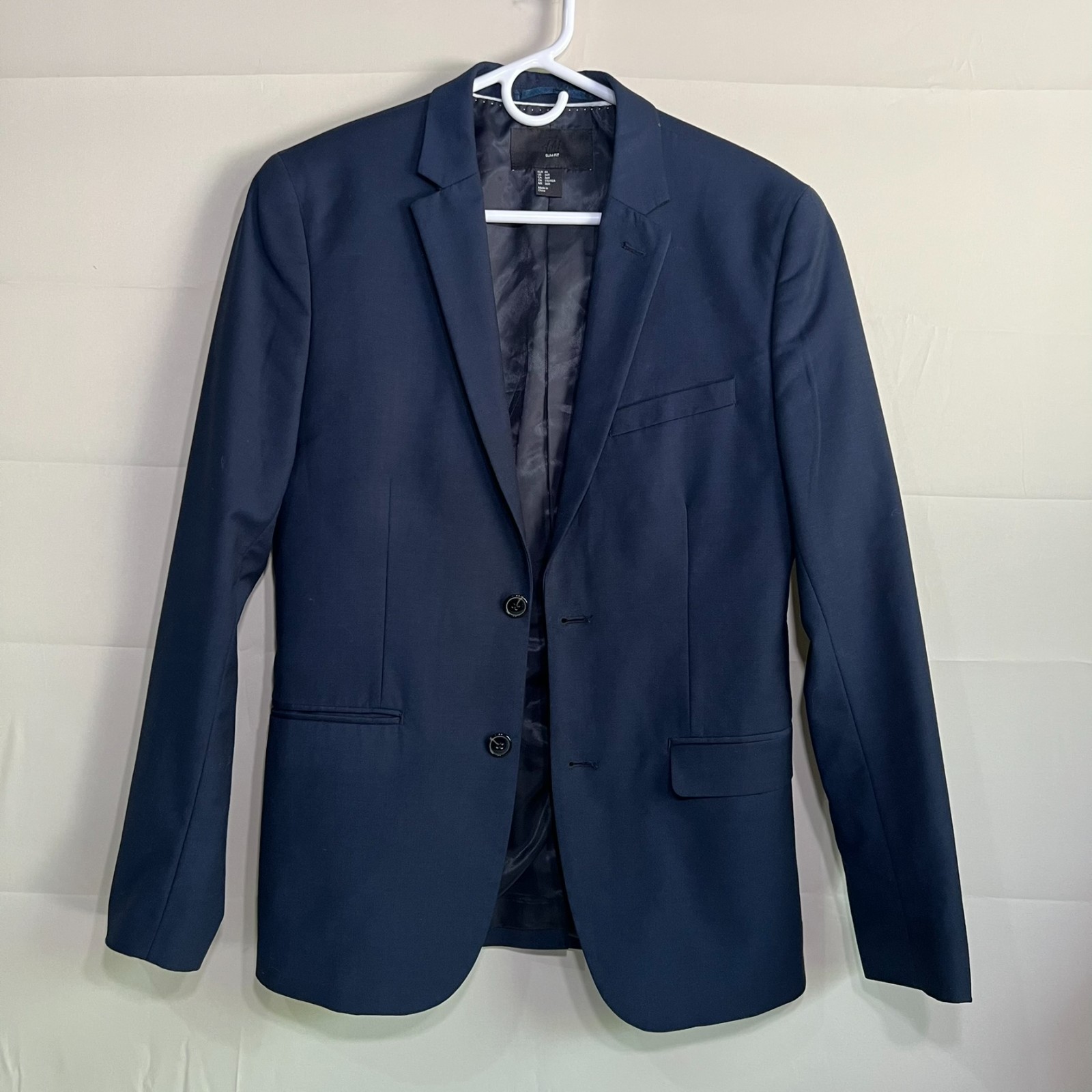 H&M Slim Fit Men’s Navy Blue Blazer Sport Coat 36R Made China Black Lining