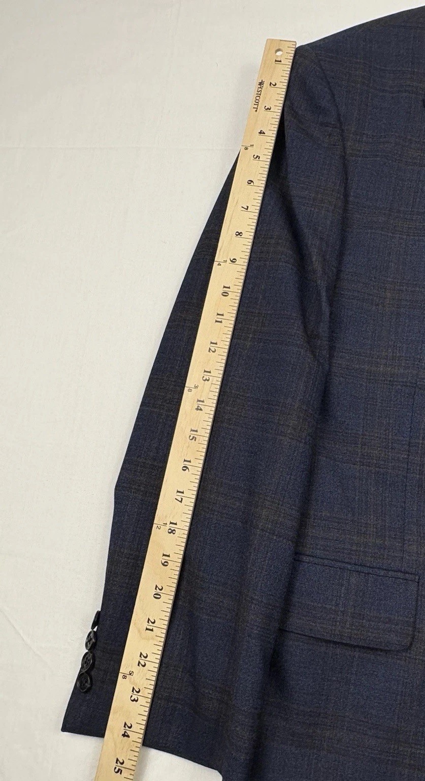 Jos A Bank Traveler Wool/Stretch Blazer 42R Denim Blue w/Brown/Blue Plaid EUC
