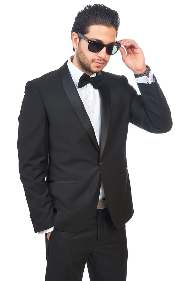 Slim Fit Men Shawl Lapel Tuxedo Black 1 Button Flat Front Pants Slim Style Suit