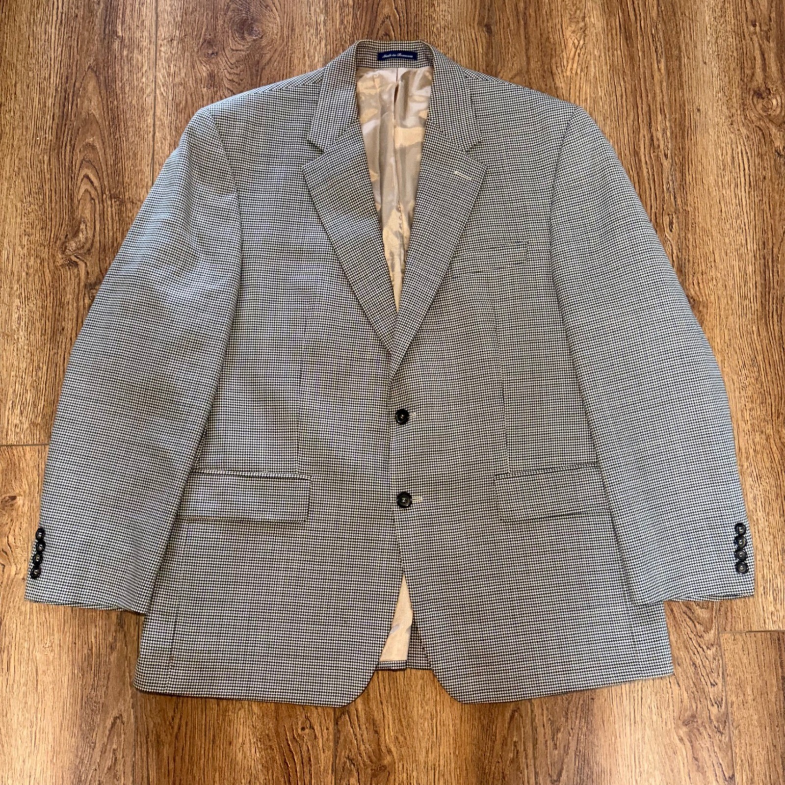 Lauren Ralph Lauren Mens 44R 100% Wool Houndstooth Blazer Sport Coat Tan Blue