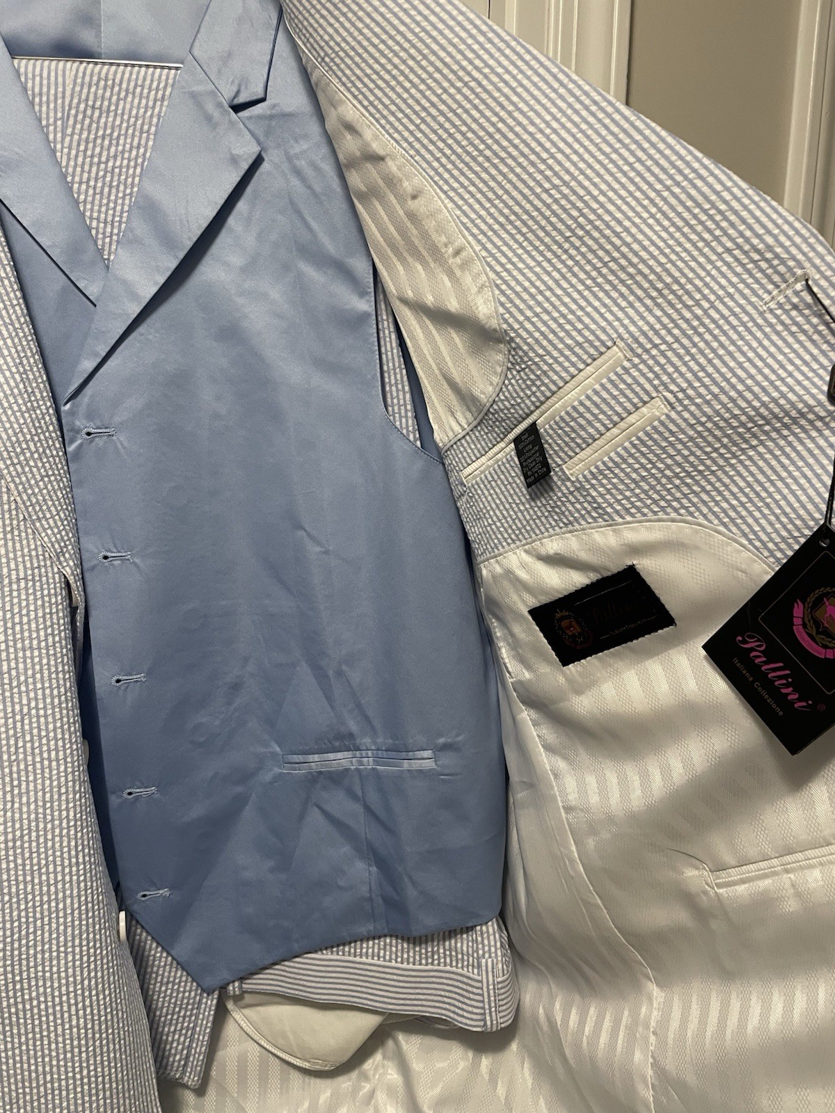 Blue Seersucker 3 Piece Suit 50 L 45 Waist Unhemed NWT Wedding! Southern Charm!