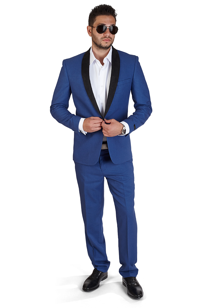 Slim Fit Men Suit Indigo Blue One Button Shawl Suede, Flat Front Pants By Azar