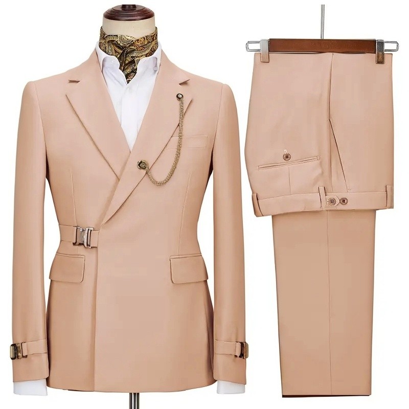 Mens 2Pcs Suit Metal Buckle Belted Wedding Groom Prom Business Suit Blazer+Pants