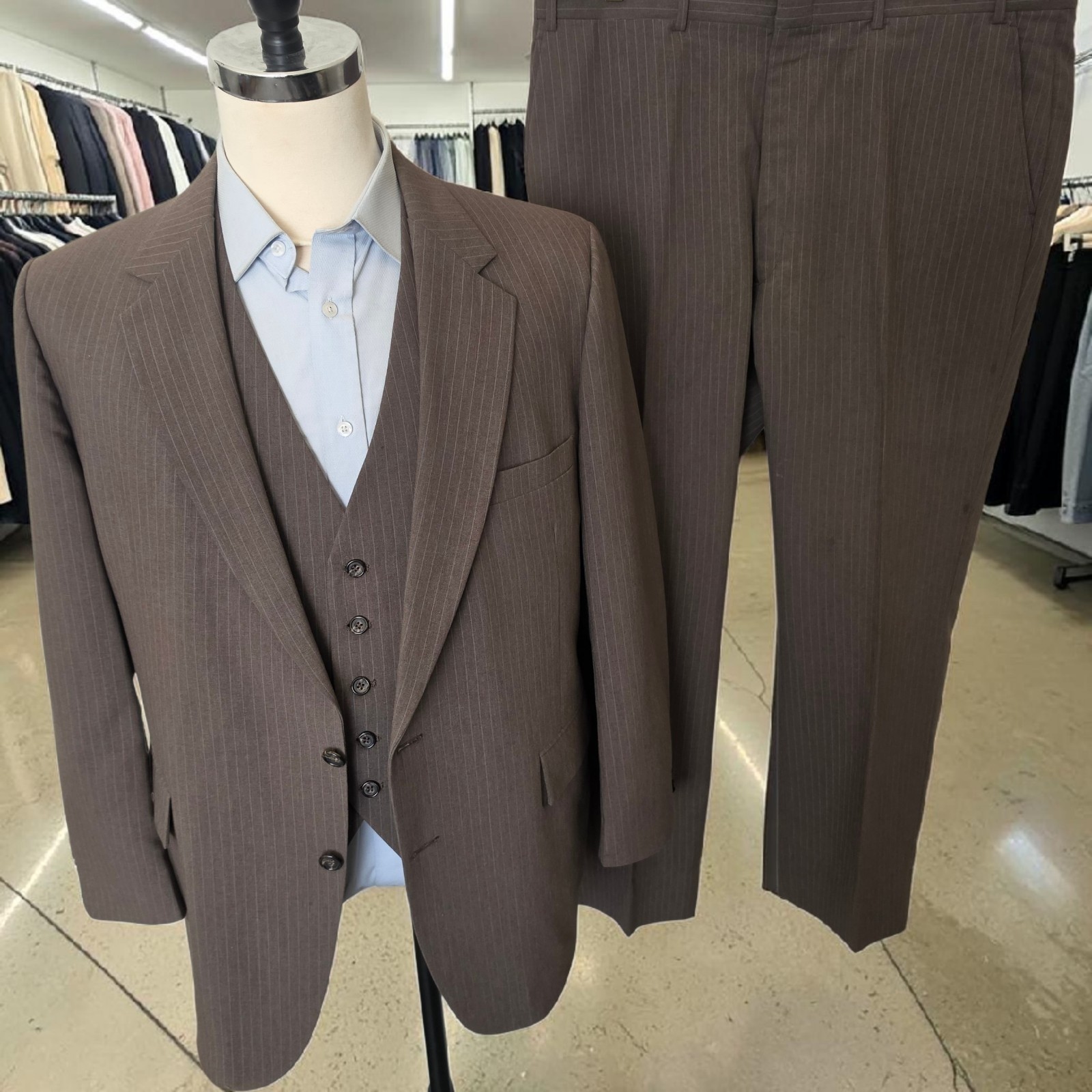 Vintage 3 Piece Suit 46S 40×28 Brown Pinstripe Hopsack Kuppenheimer