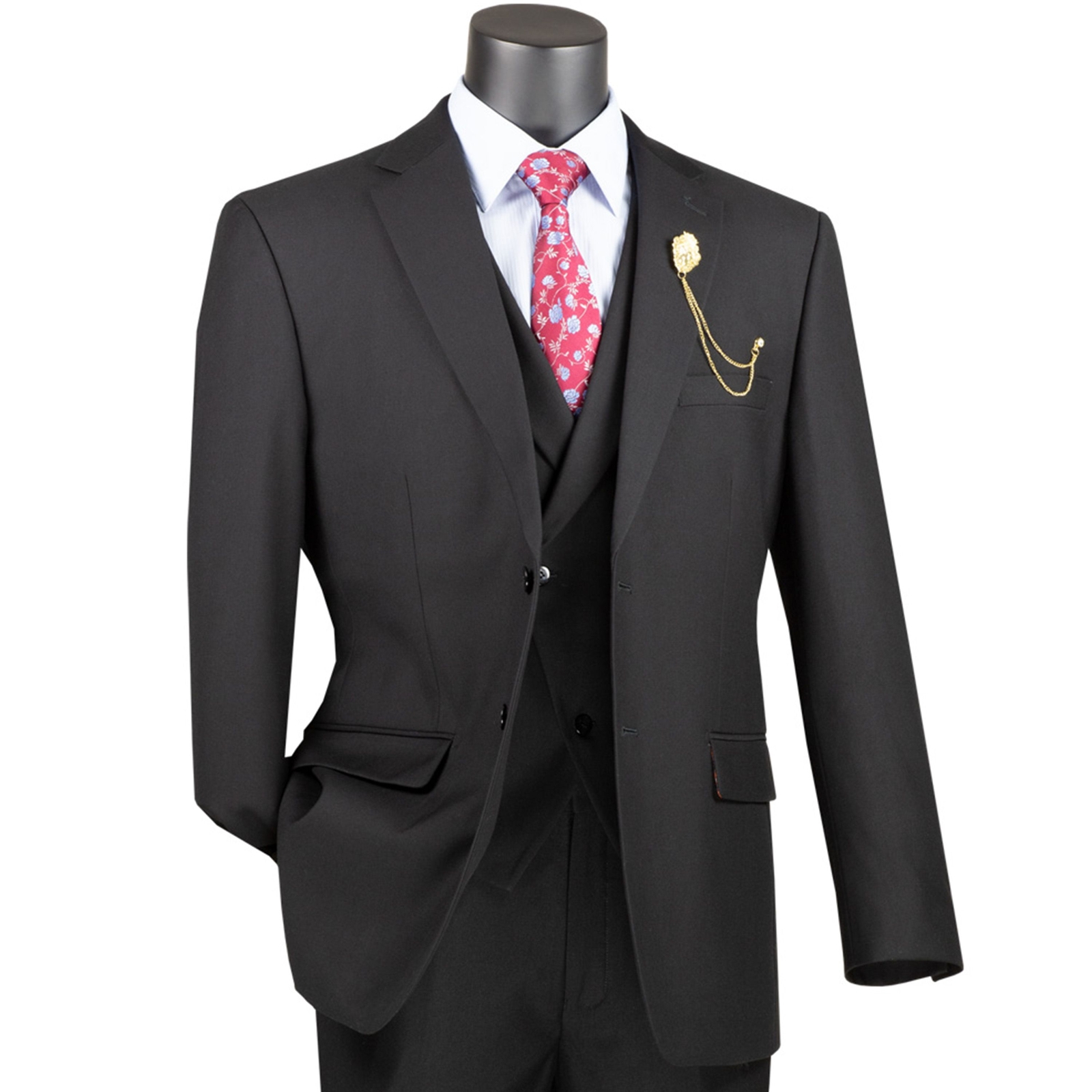 VINCI Men’s Black 3-Piece Modern Fit Suit w/ Adjustable Waist – NEW