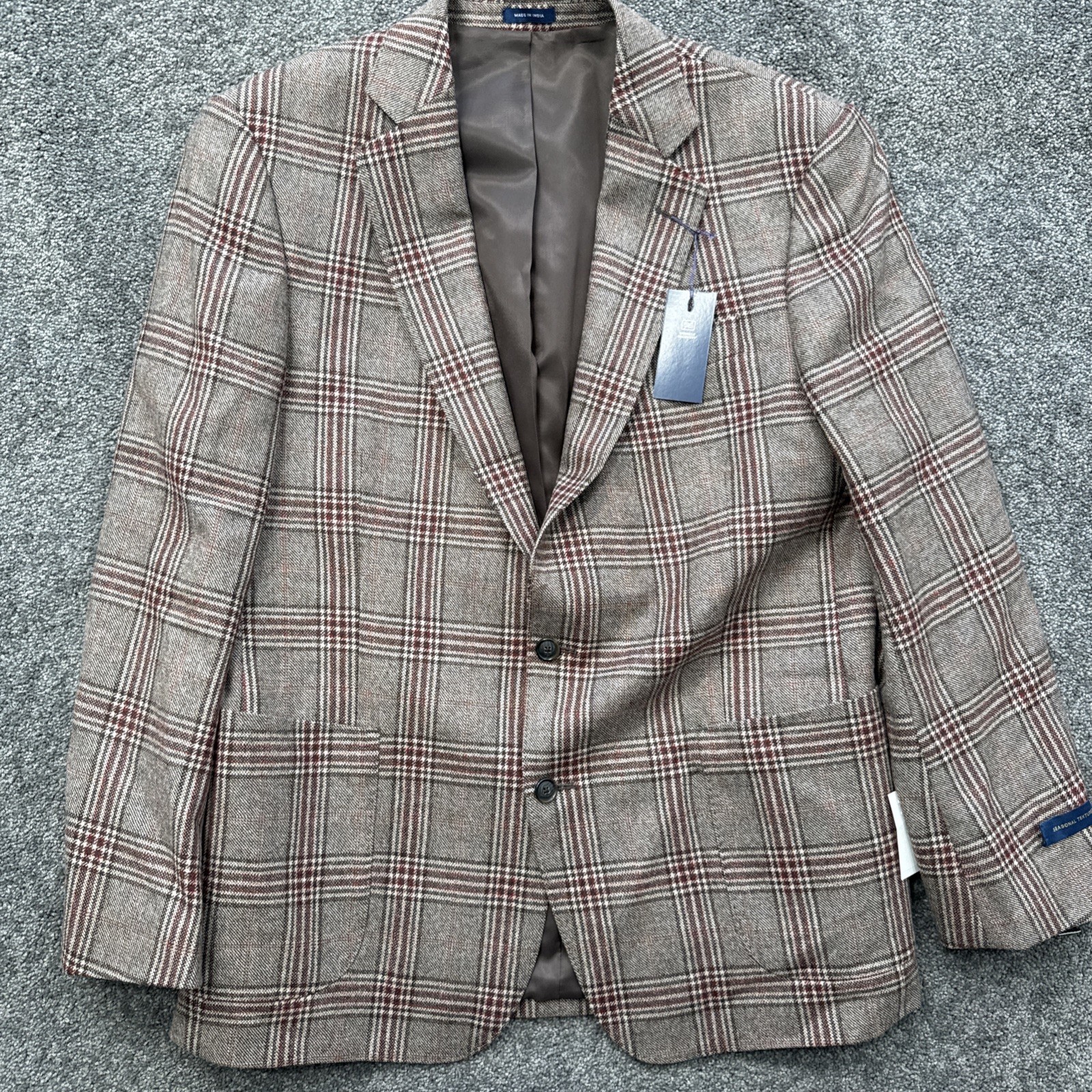 Mens 44R Stafford Sport Coat Suit Brown Plaid Wool Cotton Woven Classic Fit