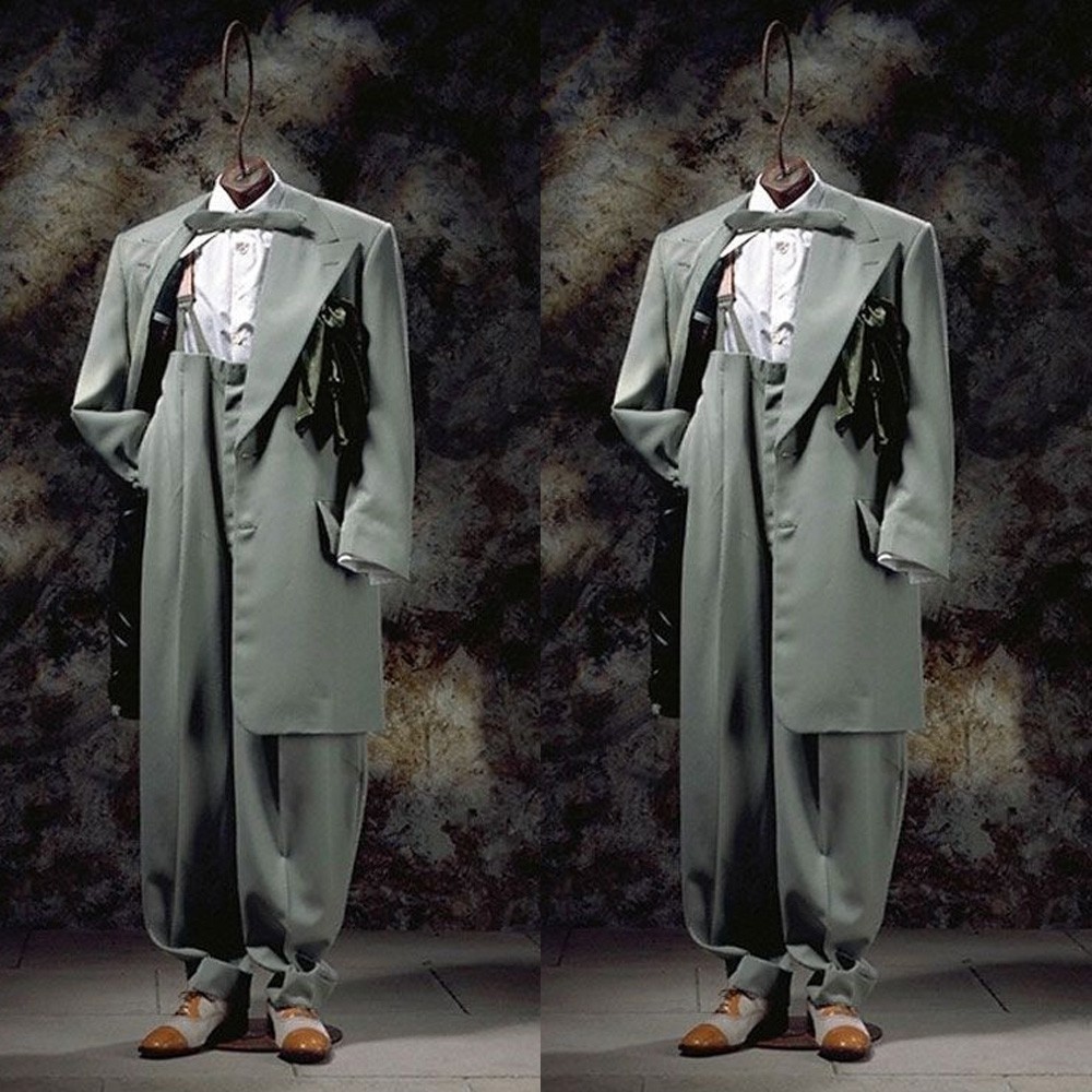 Green Men’s Zoot Suits Wide Peak Lapel Wedding Party Prom Long Coat Pant 2pieces