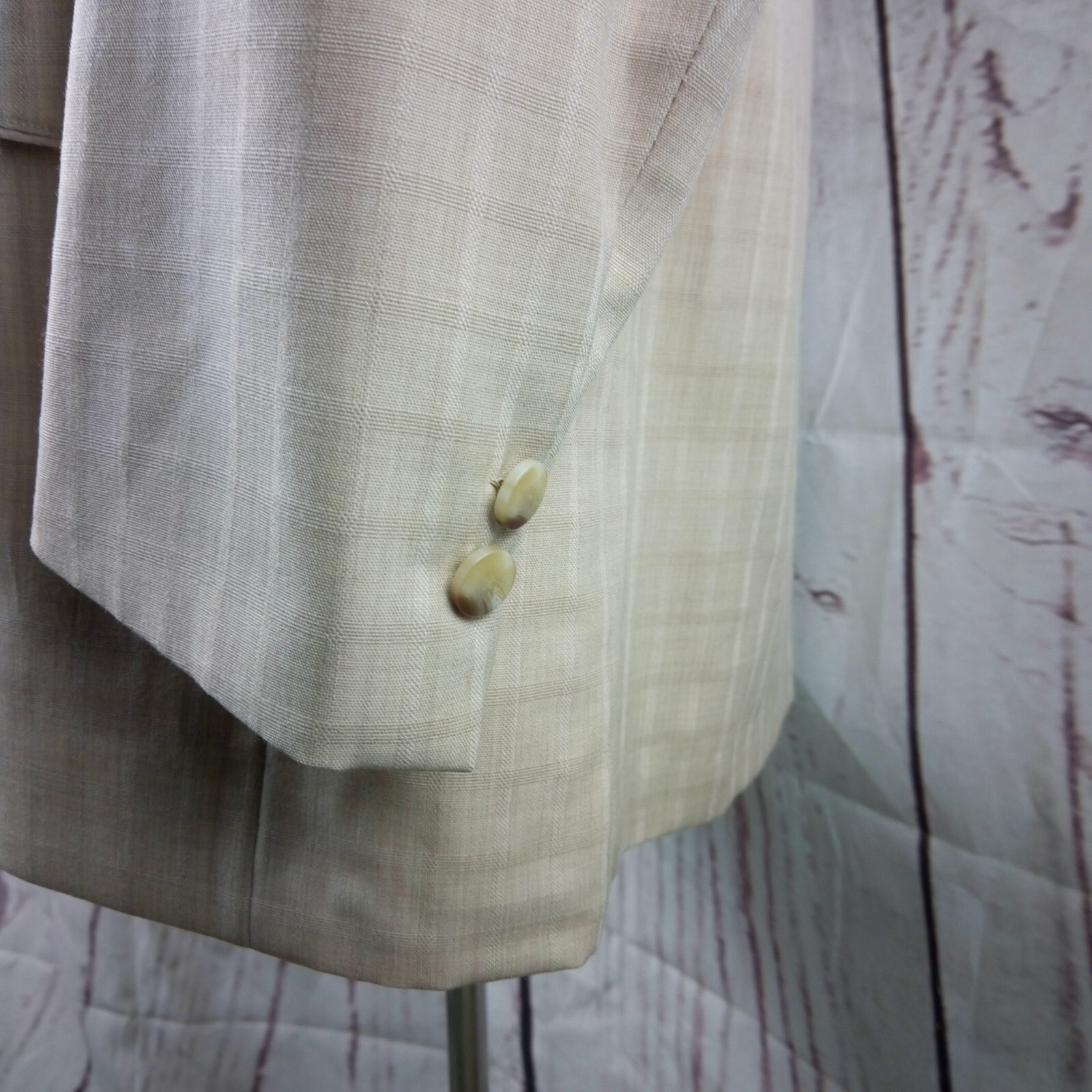 Custom Made 46L 2 Button Beige Stitched Lapel Plaid Suit Blazer Jacket