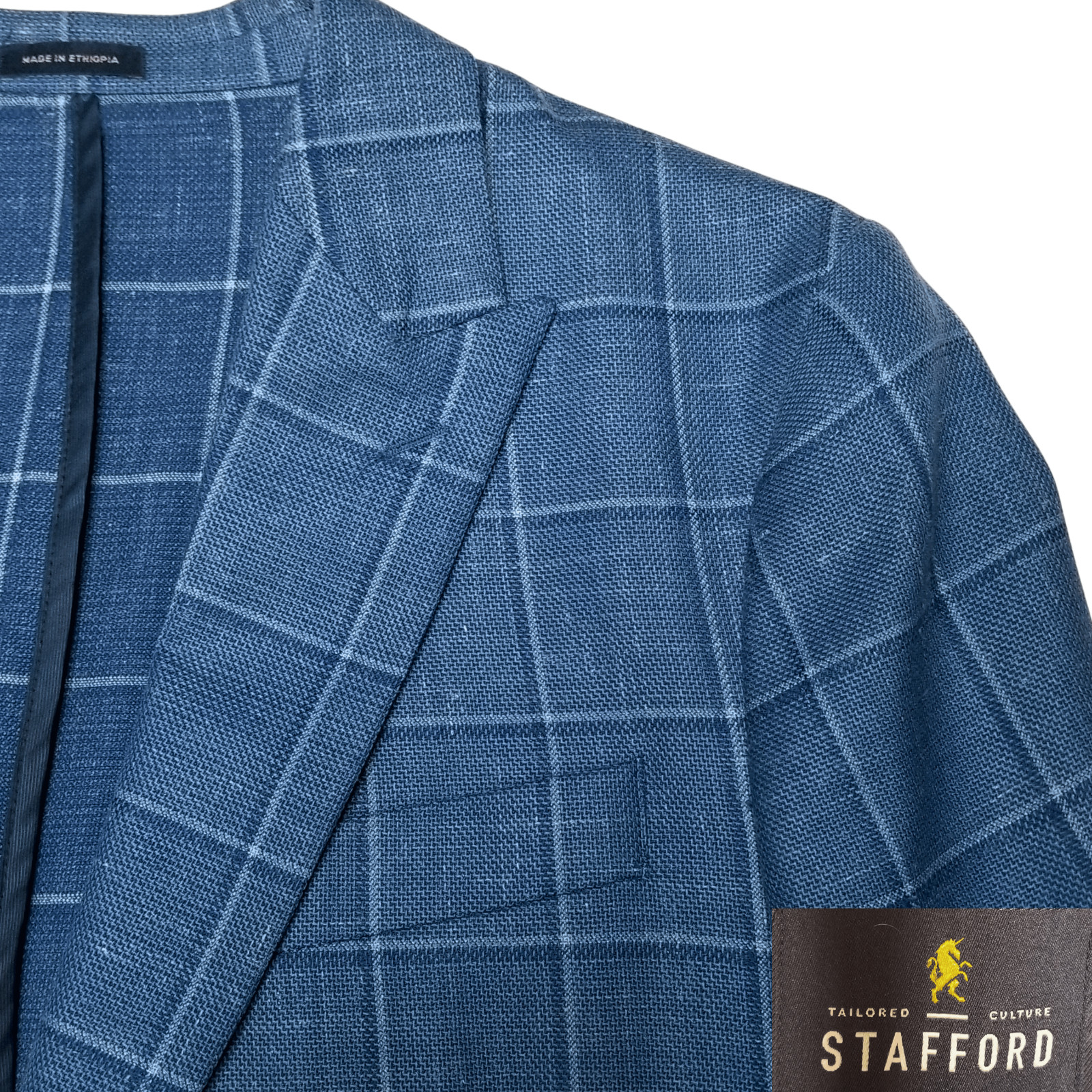Stafford Mens Unstructured Unlined Lite Blazer 42S Blue Windowpane Sport Coat