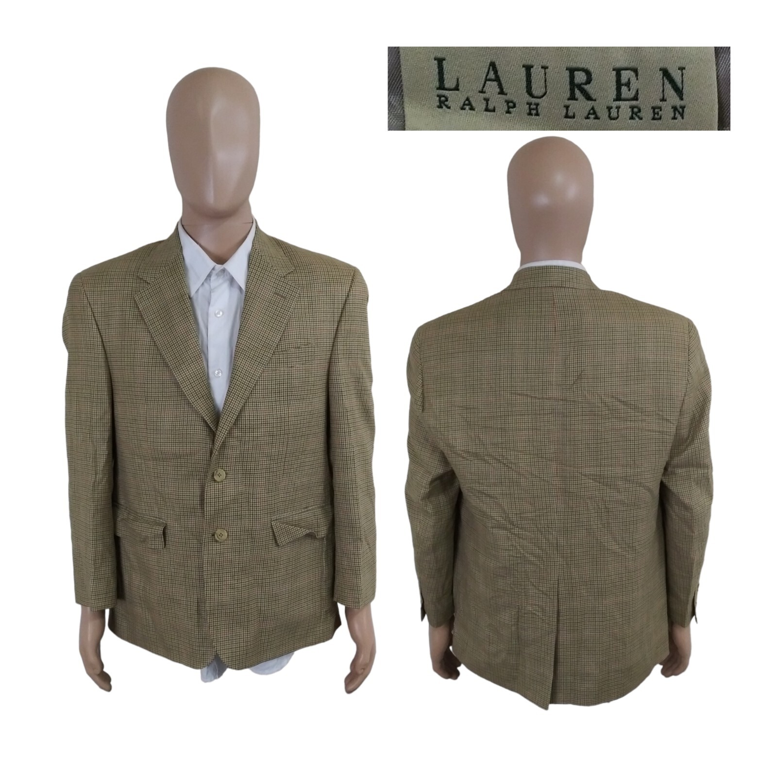 Ralph Lauren 2 Button Olive Green Orange Check Houndstooth Silk Wool Blazer 39S